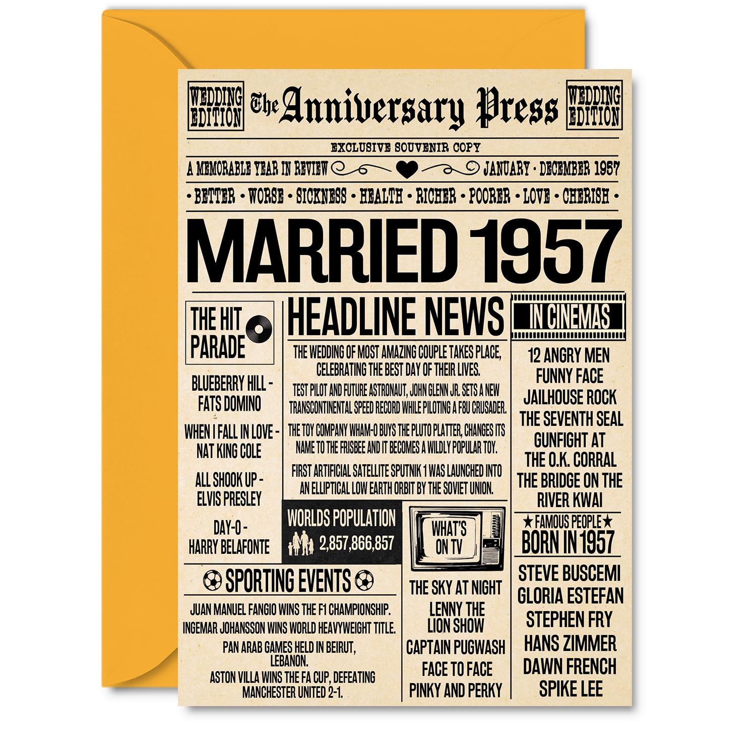 69th Anniversary Cards for Men Women - Married 1957 Newspaper - 69 Wedding Anniversary Card for Husband Wife Grandma Grandad Nan Vintage Retro 1957, A5 Greeting Cards
