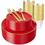 WDF 150Pcs Red Plastic Plates - Red Plates Disposable - 25Guest Christmas Dinnerware Include 25 Dinner Plate, 25 Dessert Plate, 75 Cutlery & 25 9oz Cups for Christmas & Parties