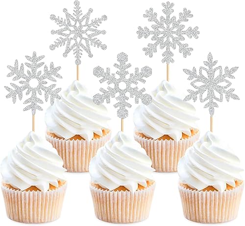Cyodoos 25 piezas de copos de nieve para cupcakes con purpurina para invierno, temática de congelado, copos de nieve, para invierno, país de las