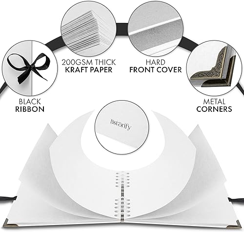 Vista 31 de Bstorify Álbum de recortes de 10 x 10 pulgadas, 70 páginas, protectores de esquina de papel kraft grueso negro, cierre de cinta, ideal para tus