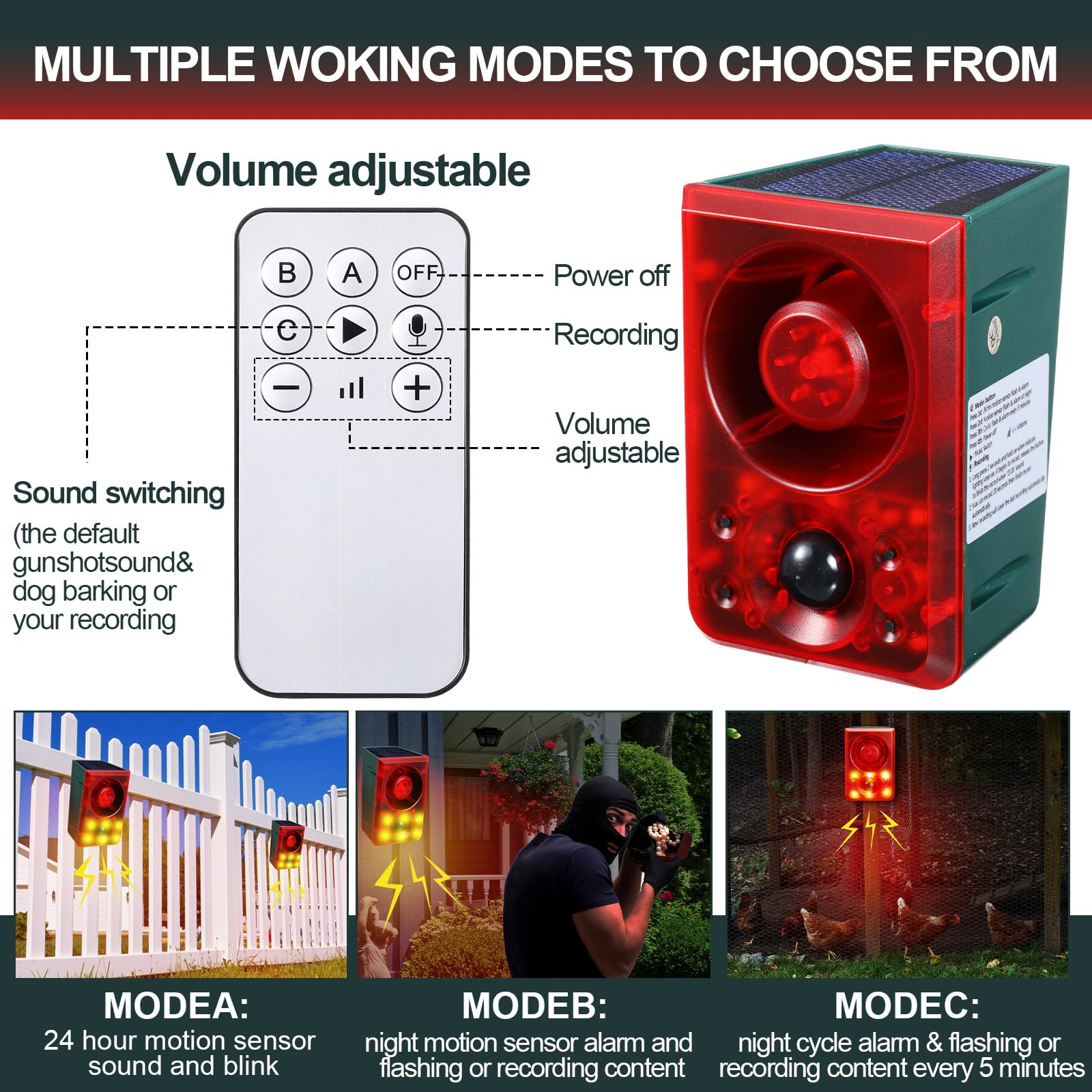 Qualirey 2 sensores de movimiento solares para exteriores, alarma, disuasorio de animales, sonido de disparo, ladridos de perro, 130 dB, 3 modos con control remoto USB, grabación de soporte y ajuste