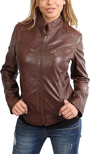 A1 FASHION GOODS Womens Fitted Brown Real Leather Biker
