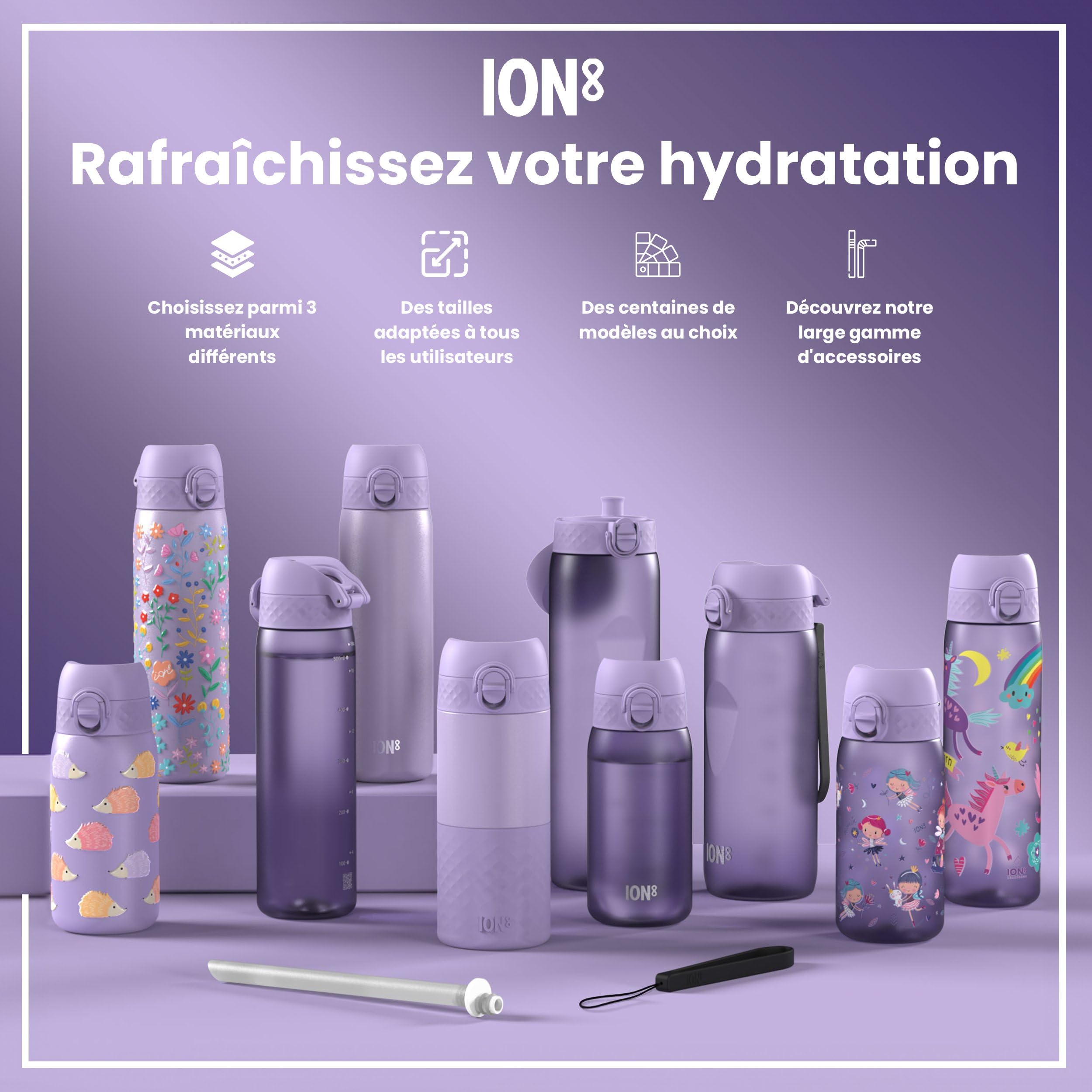 Ion8 Gourde Enfant, 350ml, Anti-Fuite, Facile à Ouvrir, Verrouillage Sécurisé, Lavable en Lave-Vaisselle, Sans BPA, Poignée de Transport, Facile à Nettoyer, Carbone Neutre, Fées