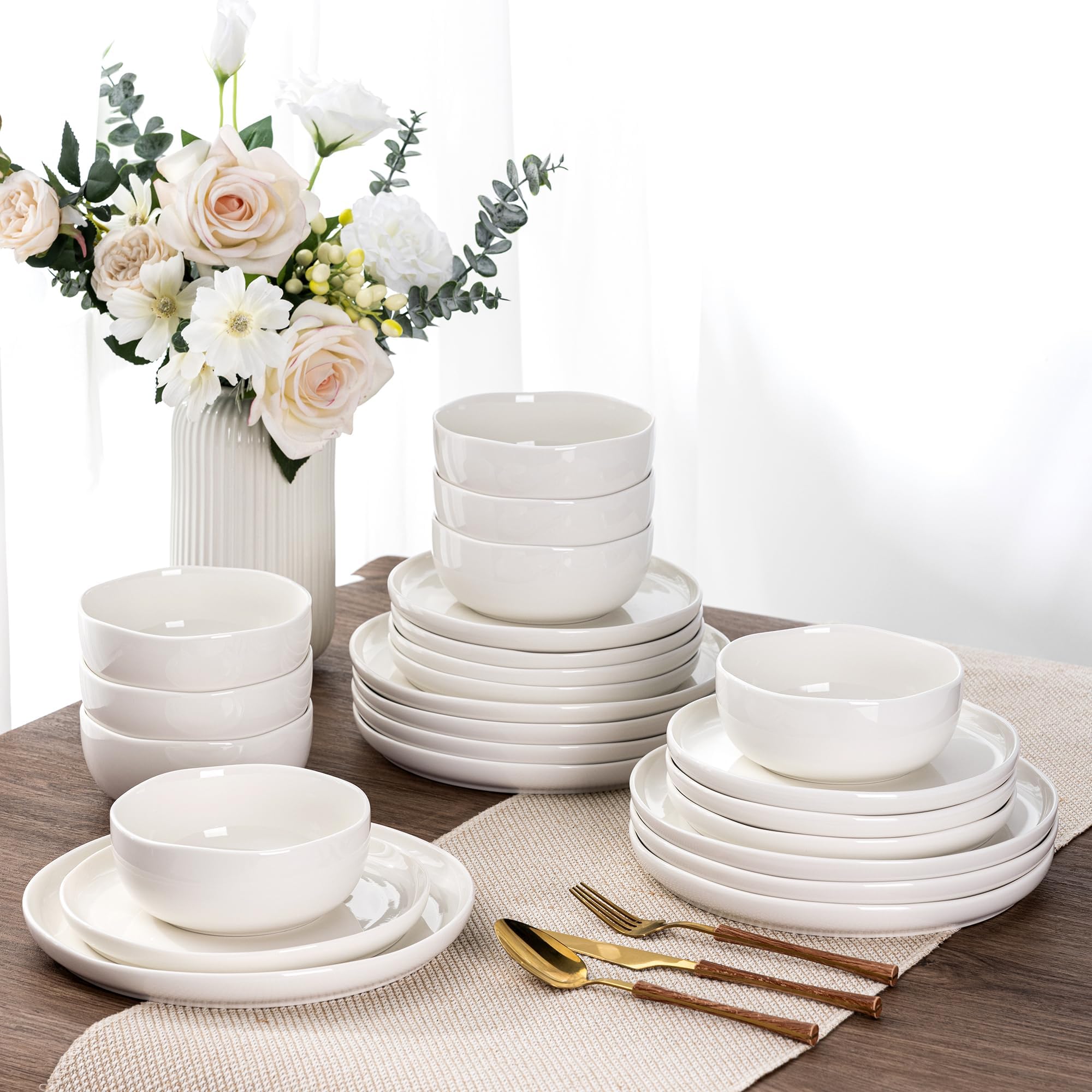 LERATIO Ceramic Dinnerware Sets for 8,Handcraft Wavy Rim Stoneware Plates and Bowls Sets,Highly Chip and Crack Resistant | Dishwasher & Microwave & Oven Safe Dishes set,Service for 8(24pc)-Pearl White