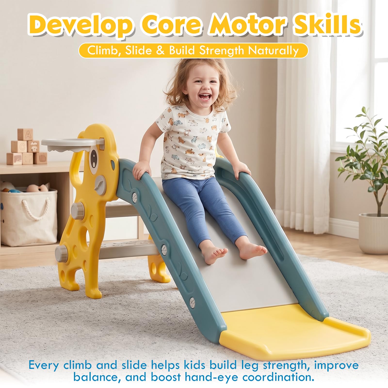 Tobogán Infantil 3 En 1 Tobogán para Niños De 3 Años con Escalera Antideslizante, Canasta De Baloncesto Y Pelota, Bordes Suaves Y Redondeados para Interior Y Jardín, Diseño De Perro, Color Amarillo