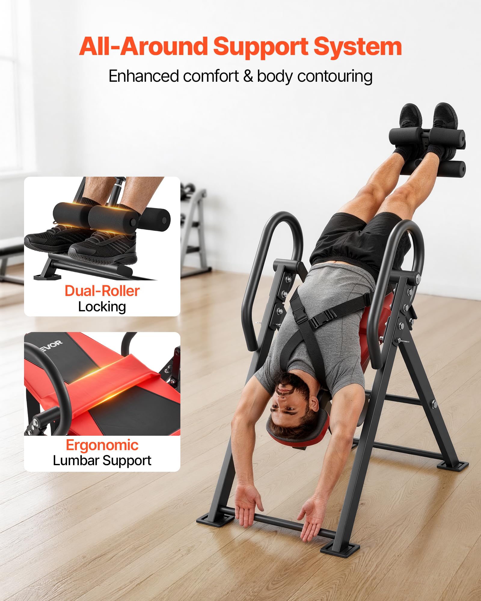 VEVOR Tavolo ad Inversione Fitness, Panca ad Inversione Carico Max 136 kg Pieghevole, Attrezzatura per Decompressione di Collo Schiena da Palestra Sviluppo Muscolare, Stretching, Cinghia Regolabile