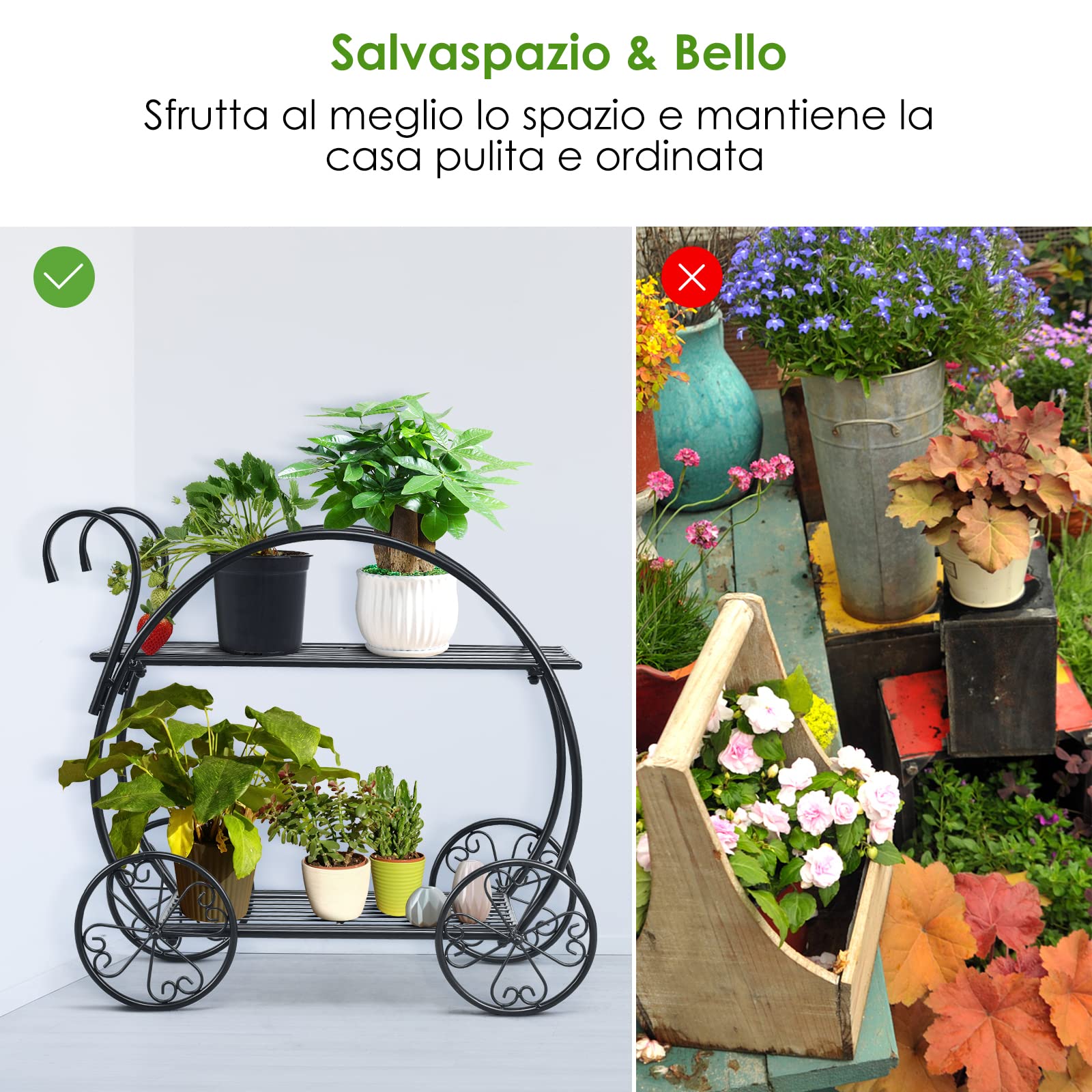 COSTWAY Scaffale per Piante in Metallo, Scaffale Portavasi a 2 Livelli con 4 Ruote, Porta Fiori da Interno ed Esterno per Soggiorno, Giardino e Balcone