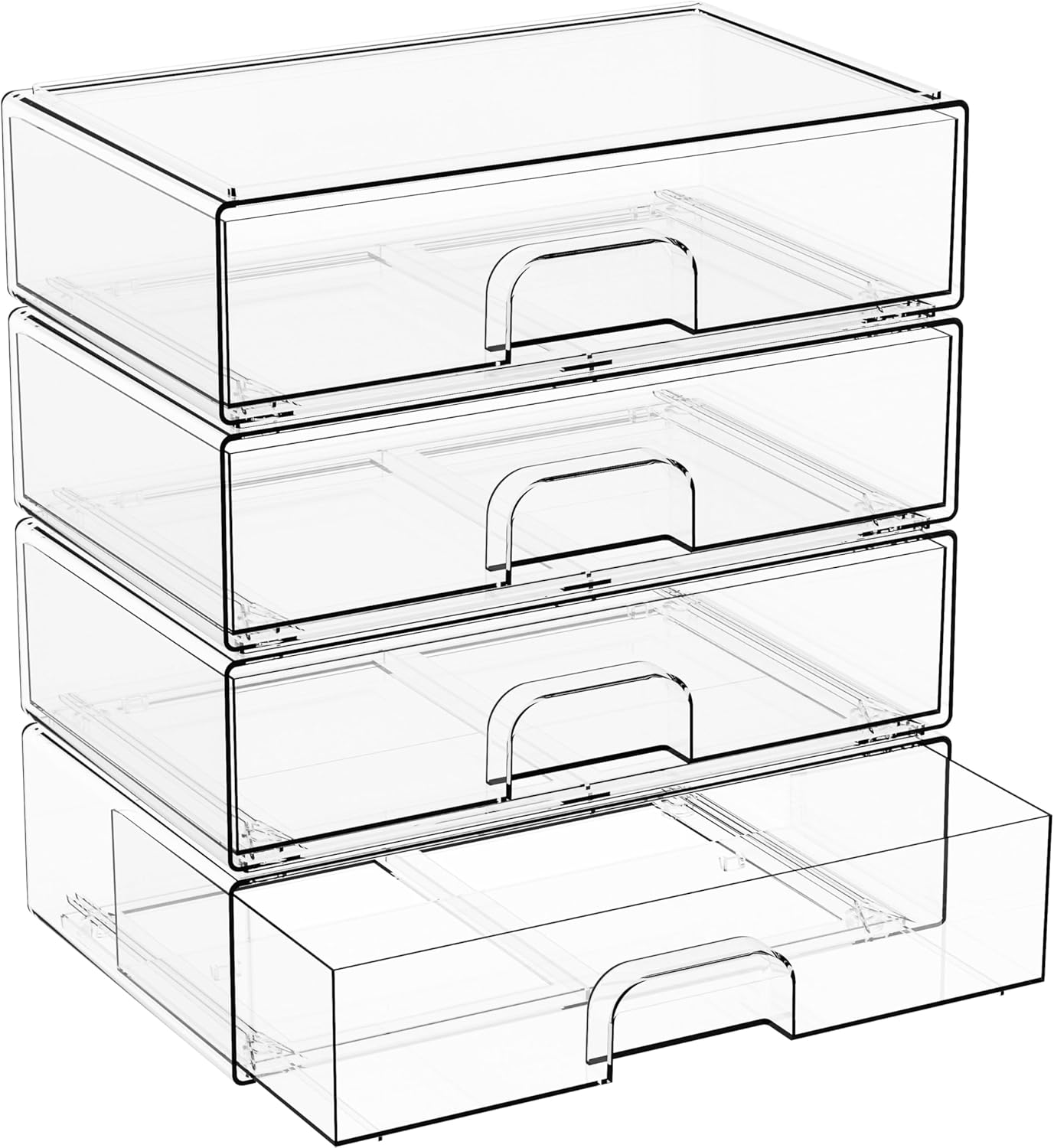 Yieach 12.2''W Clear Stackable Storage Drawers,4 Pack Acrylic Drawers,Bathroom Organizer Bin and Plastic Makeup Organizer,Clear Stacking Brightroom Storage Boxes for Vanity,Cabinet,Pantry Organization