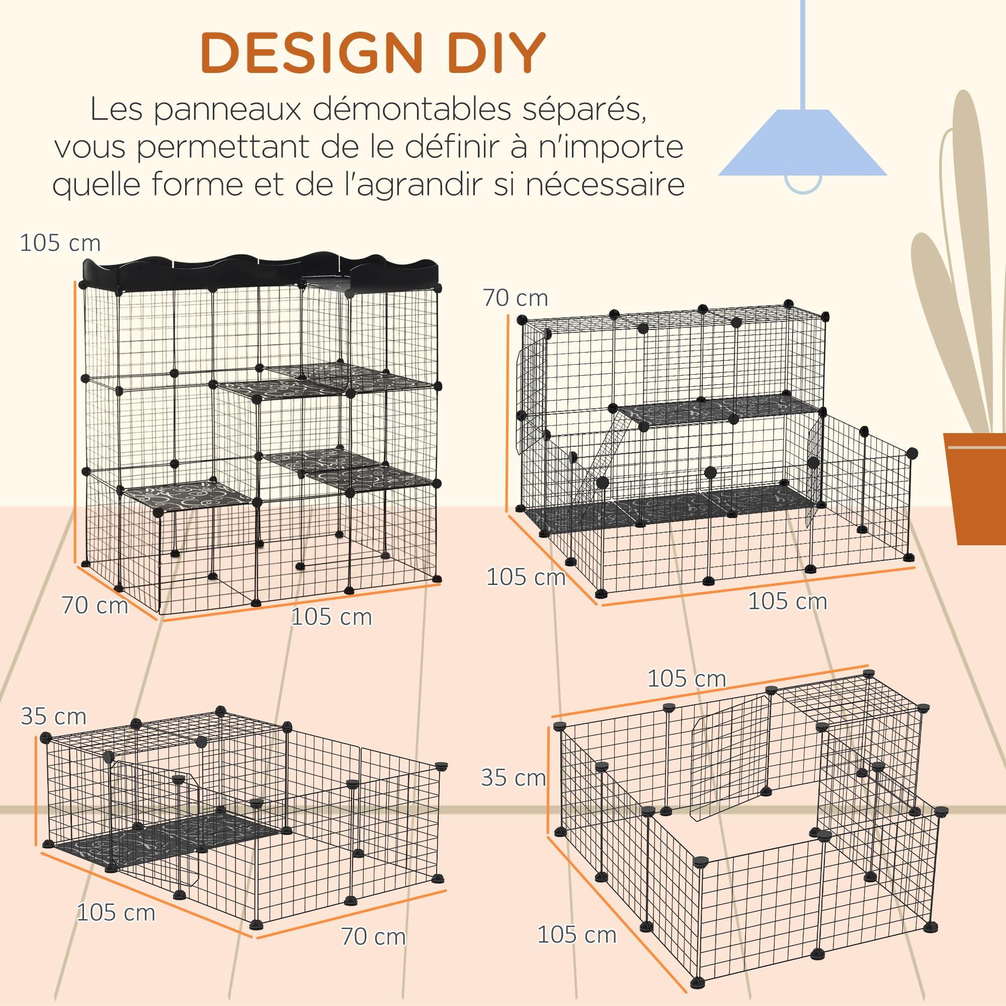PawHut Cage Parc enclos pour Petits Animaux Chats Lapins modulable 3 Niveaux 2 Portes Rampe Fil métallique 105 x 70 x 116 cm Noir