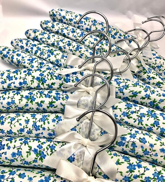 Padded Coat Hangers ~ Pack of 10 Beautiful Florence Lilly Hangers with Blue Flower Fabric