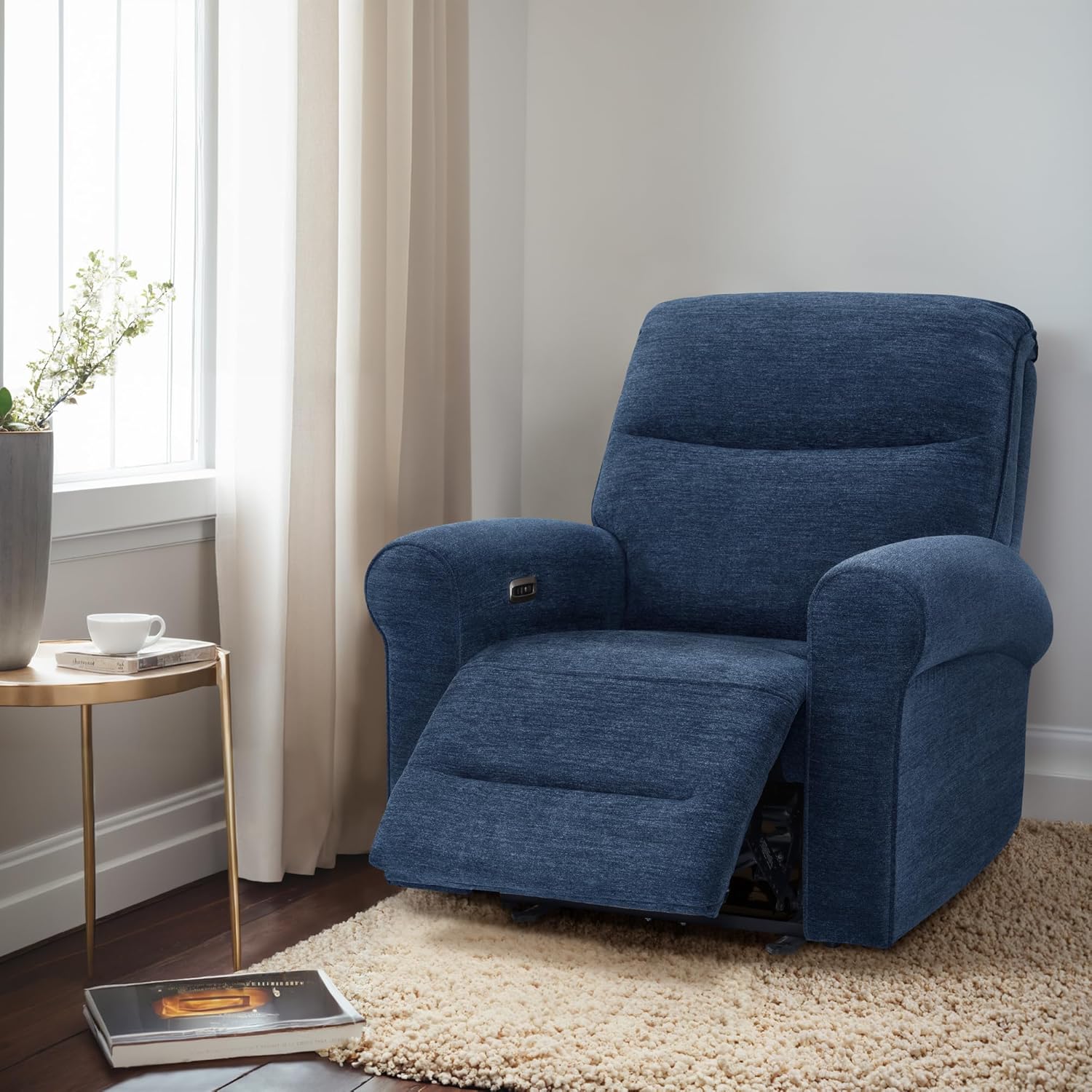 MCombo Power Wall Hugger Recliner Chair for Small Space RV Living Room, USB & USB-C Charging Ports, Modern Rolled Arm Recliner PR630 (Navy Blue, Medium)