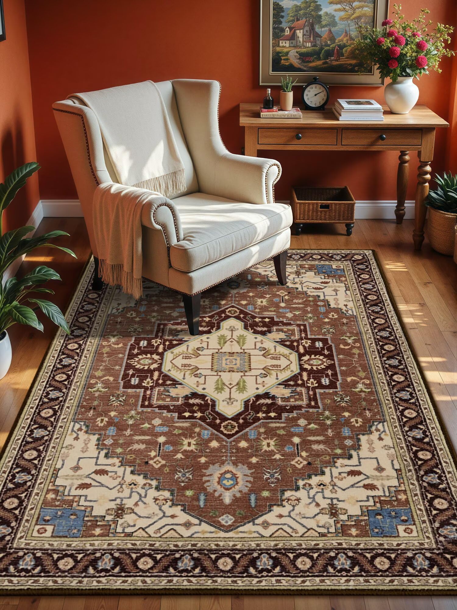 Macgace 3x5 Mousse Brown Area Rug for Living Room, Machine Washable Rugs with Non-Slip Backing for Bedroom, Vintage Medallion Carpet Kitchen Laundry