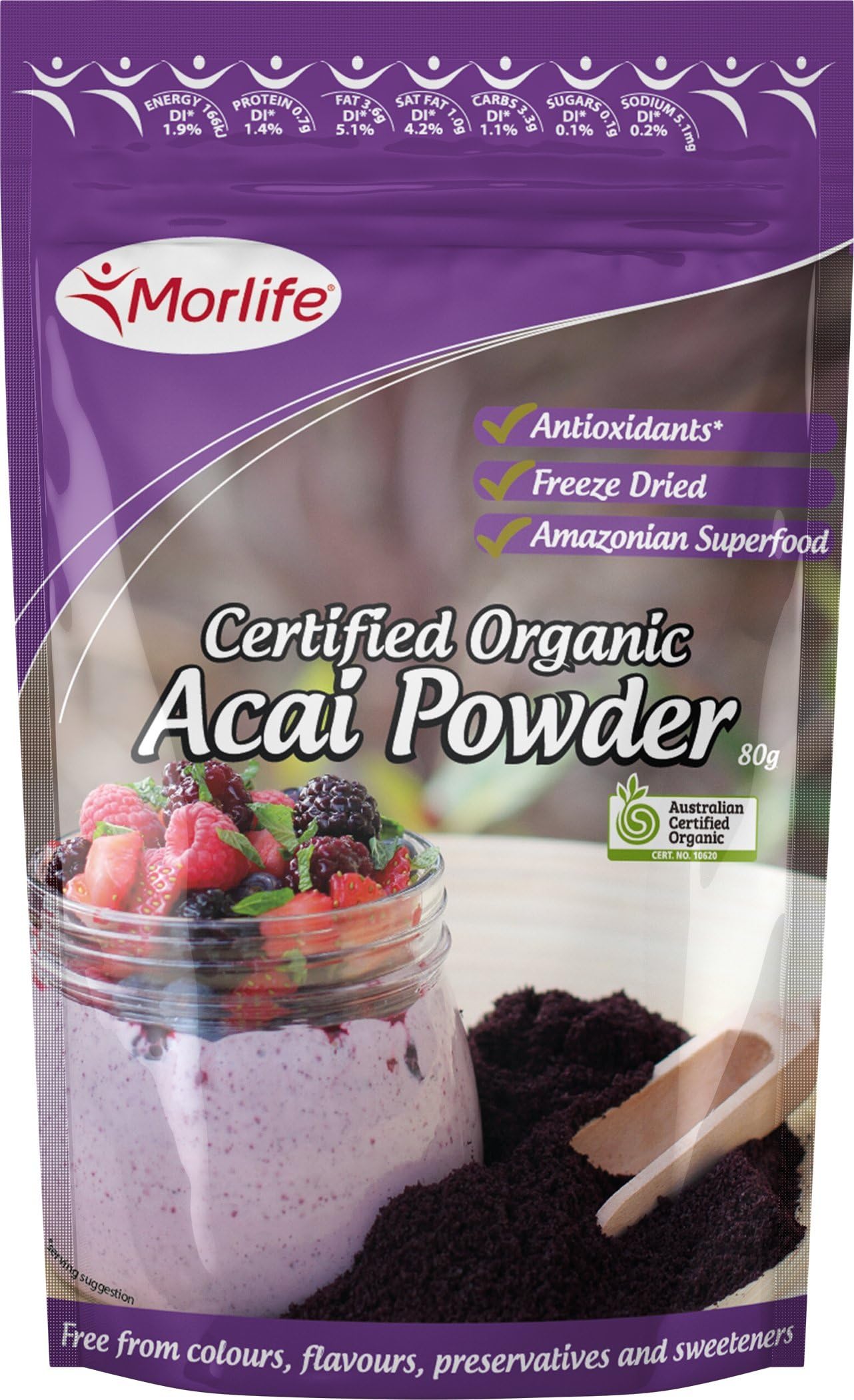Morlife Certified Organic Acai Powder 80g - Freeze Dried Amazonian Superfood, Source of Antioxidants, Free from Colours, Flavours, Preservatives and Sweeteners, 10 serves
