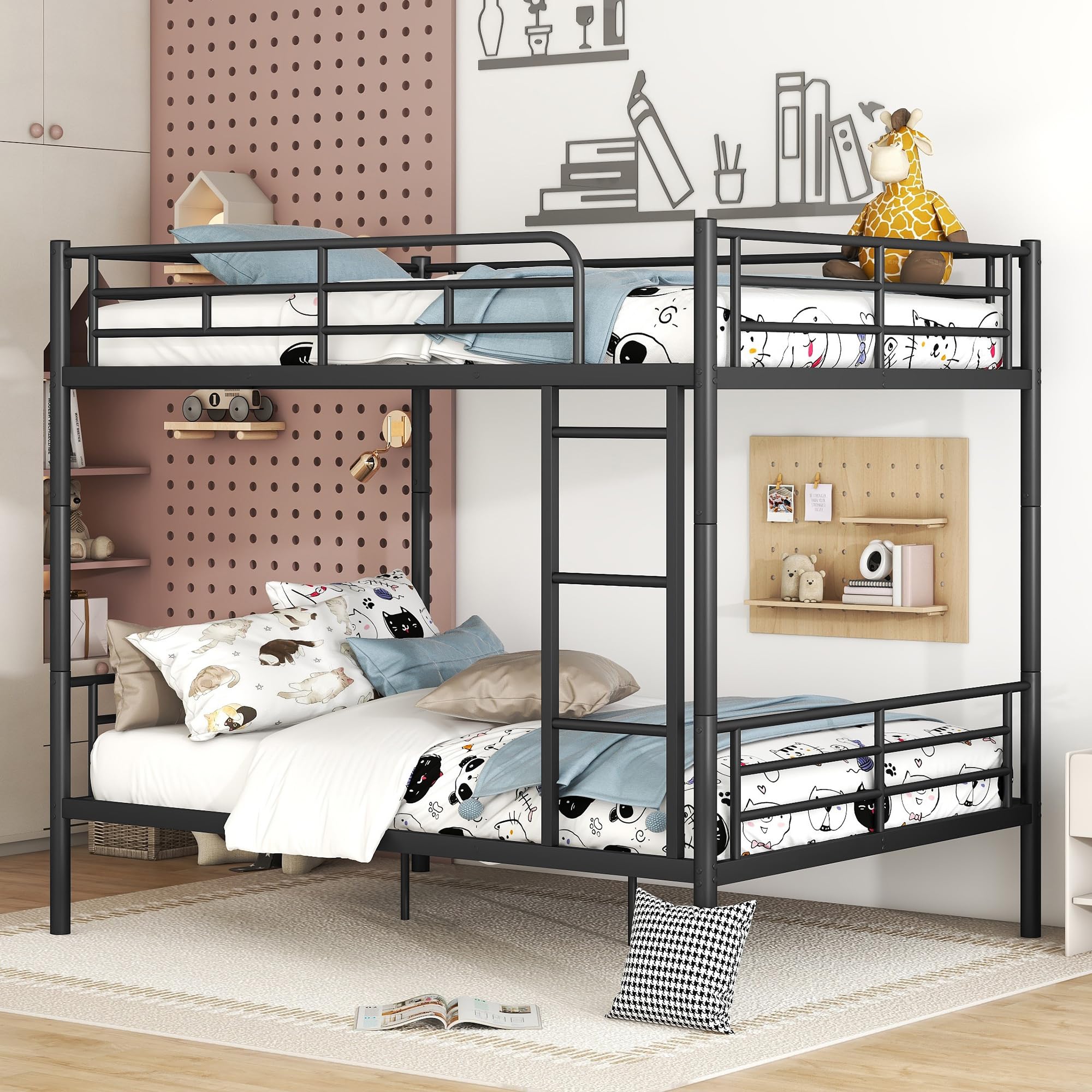 Full Over Full Bunk Beds For Kids with Guardrail, Convertible Bunk Bed Full Over Full, Heavy Duty Metal Slat Bed Frame Bunk Bed for Dorm Bedroom Guest
