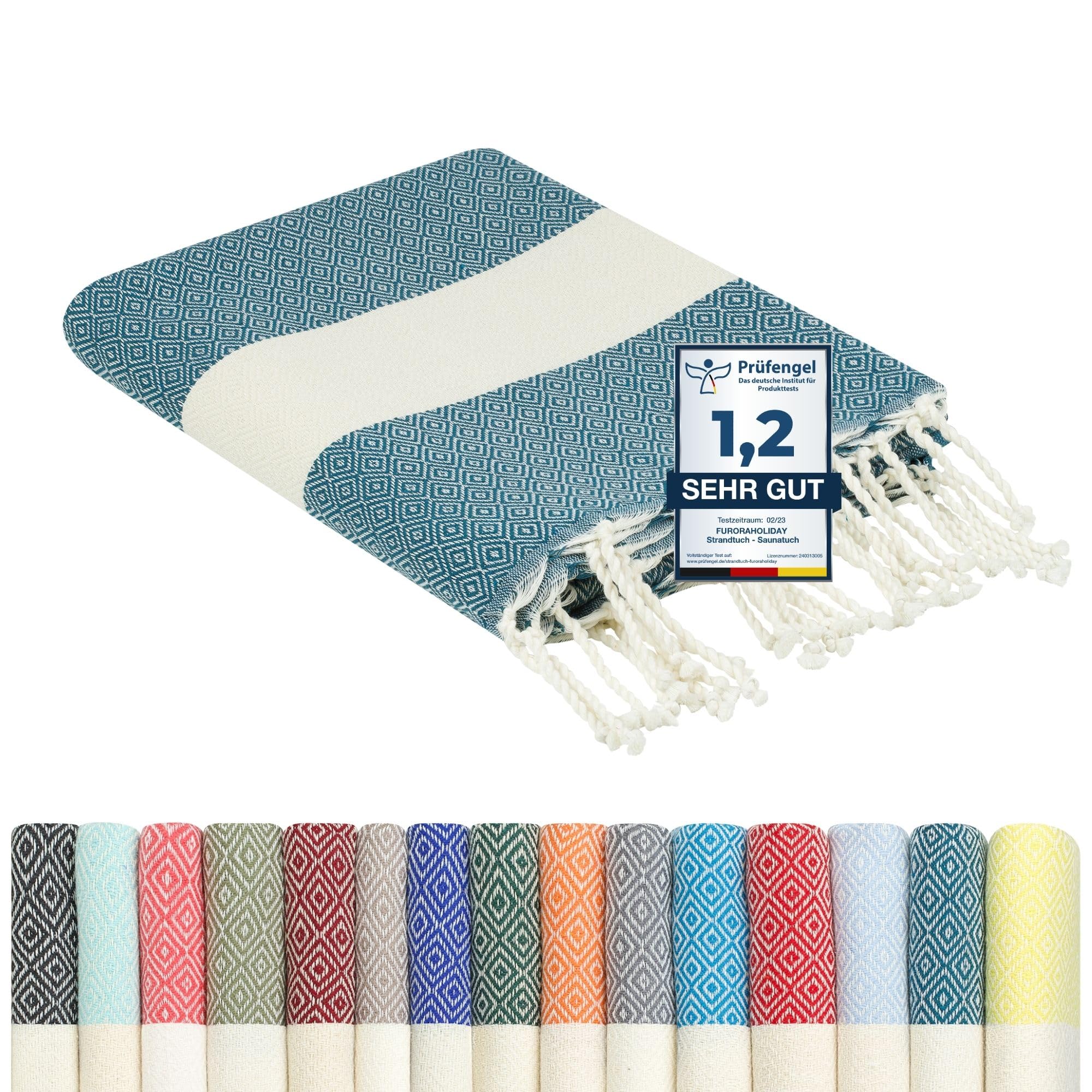 furora Holiday Strandtuch groß 100x200 cm: Baumwolle, leicht lang dünn kompakt - Premium Qualität | Hamamtuch Saunatuch, Fouta Strandhandtuch XXL | Damen & Herren Badetuch Stranddecke Picknickdecke