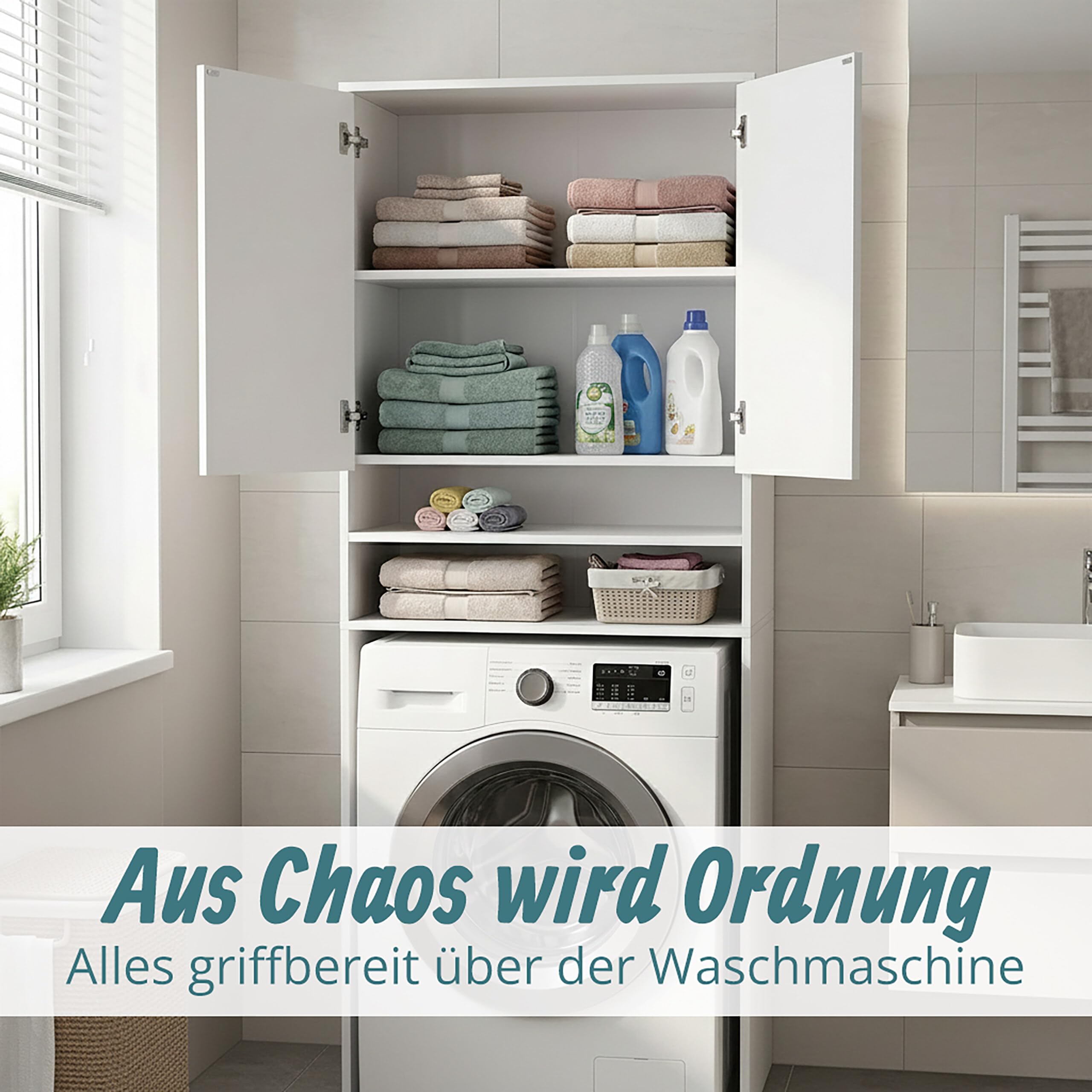 Relaxdays Waschmaschinenschrank, 4 Fächer, Regal über Waschmaschine, Trockner, Toilette, HxBxT: 174 x 63,5 x 30 cm, weiß