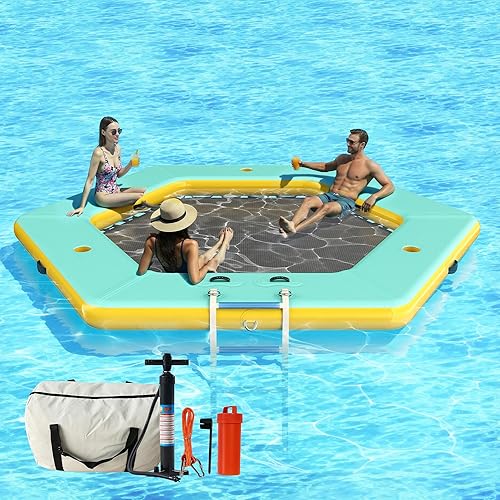 Miniatura 15 de SPECRAFT Hamaca inflable de agua de 12 pies, muelle flotante redondo con balsa inflable de malla, plataforma de anillo flotante con soporte para