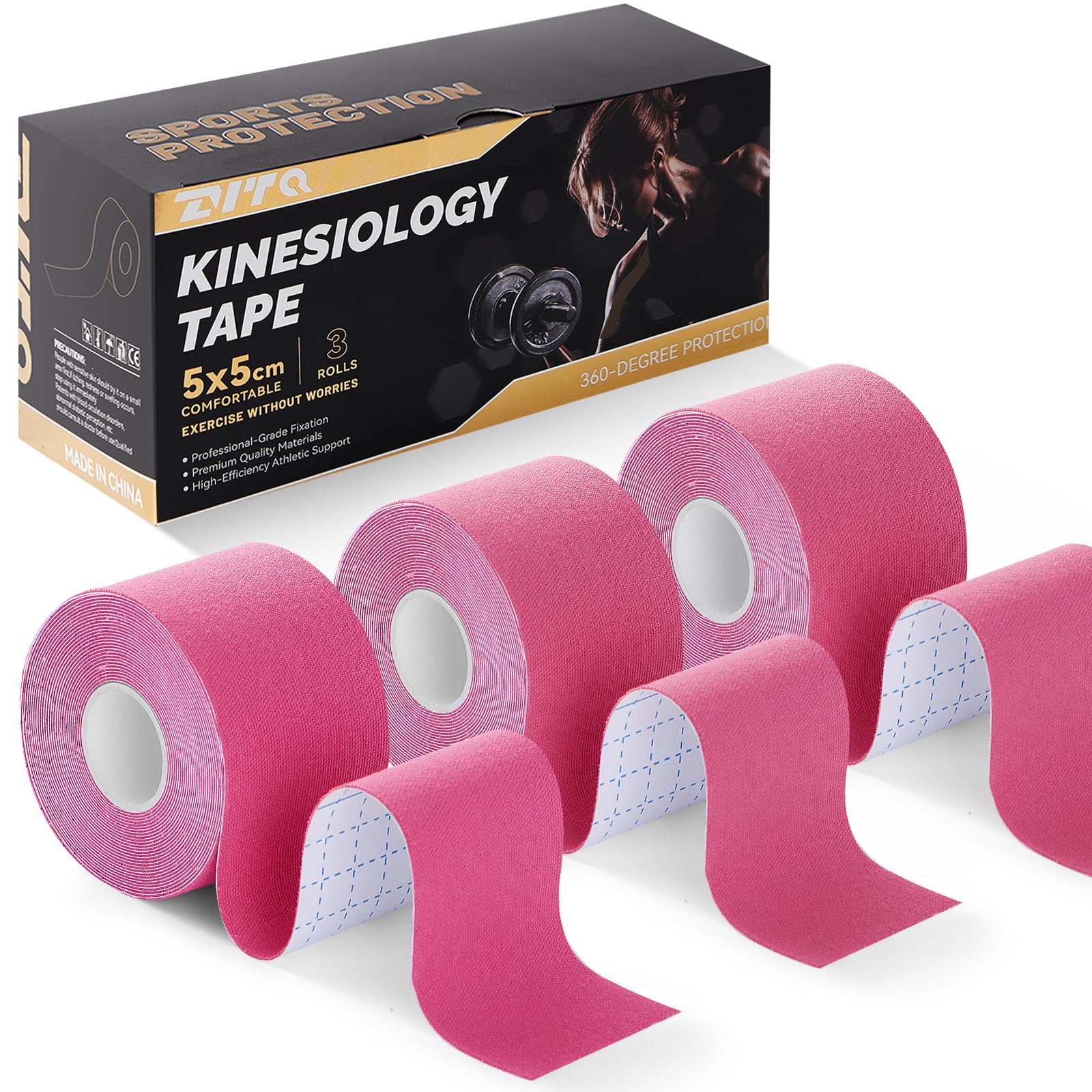 Kinesiology Tape (3 Rolls) - Acrylic Adhesive Muscle Tape - Waterproof, Breathable, Hypoallergenic - Ideal for Muscle Support &amp; Injury Recovery - 2 Inches x 16 Feet,Pink