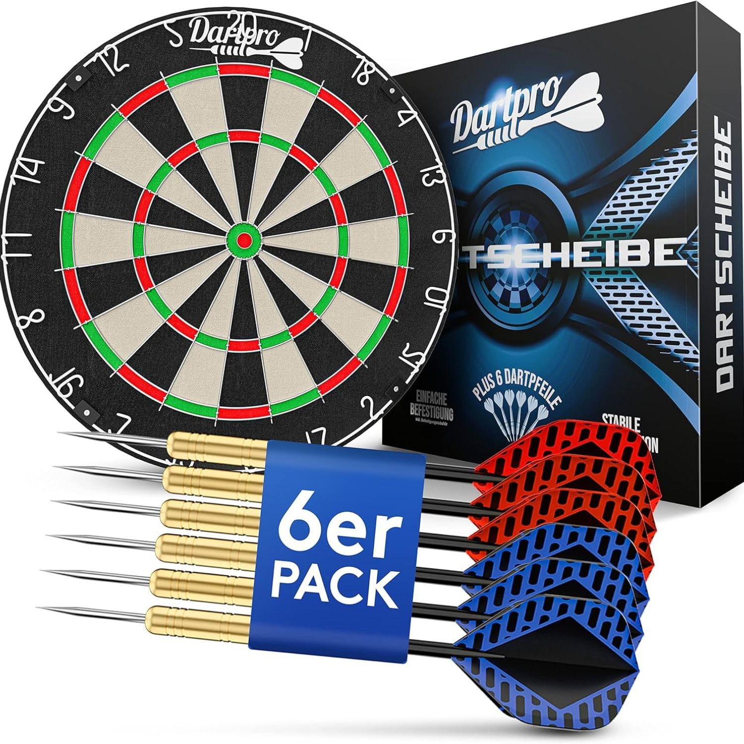 DartPro - DAS ORIGINAL - Dartscheibe mit Pfeilen - Profi Steeldartscheibe aus hochwertigstem Sisal - Dartboard inkl. Montageset - Dart Scheibe mit 6 Gratis Dartpfeilen