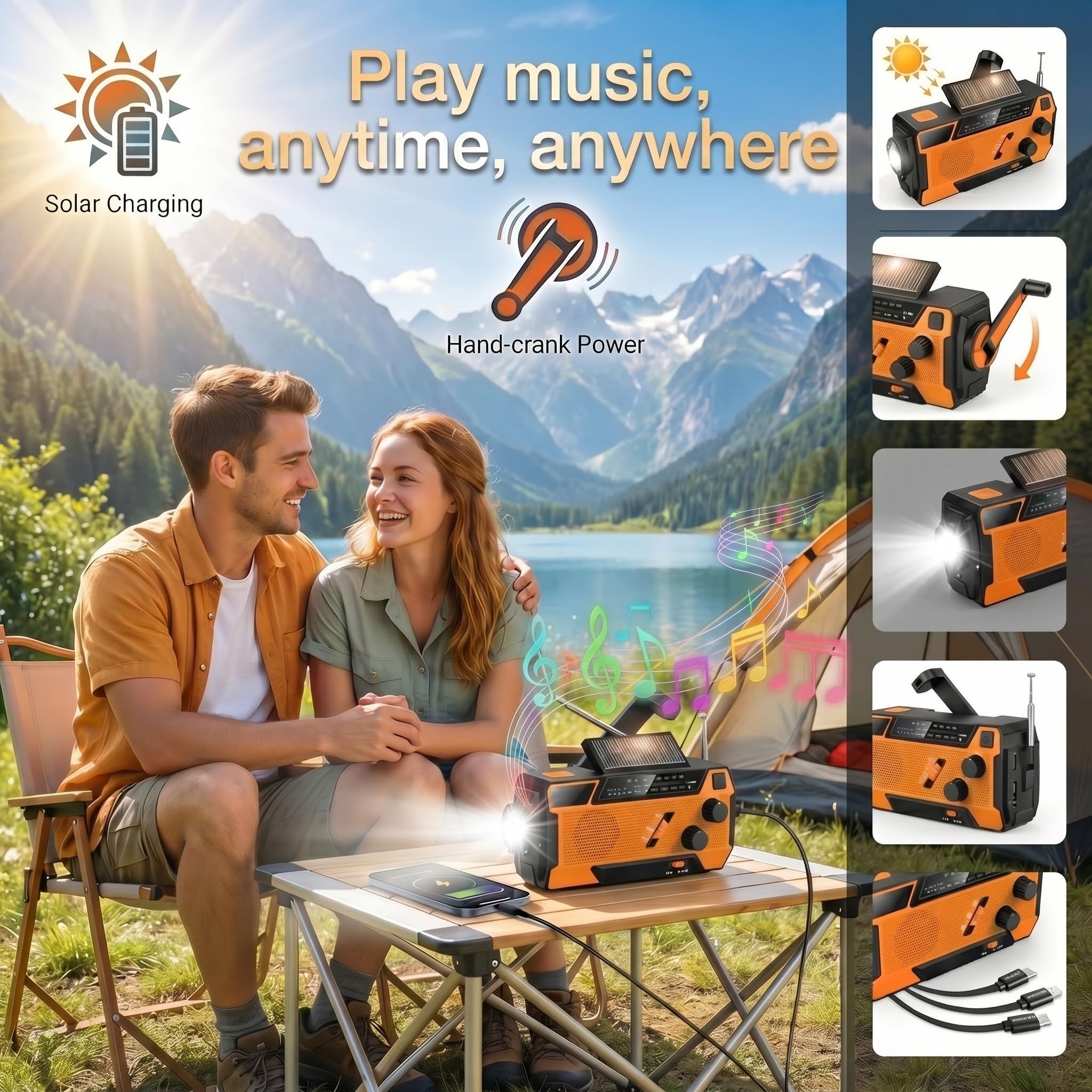 Radio di Emergenza a Manovella con Pannello Solare, Powerbank 2000mAh, Torcia LED SOS