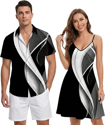DRESSFO Couples Vacation Match Set - His and Hers Prints, Shirt and Dress Pairs, Beach Cruise Ready