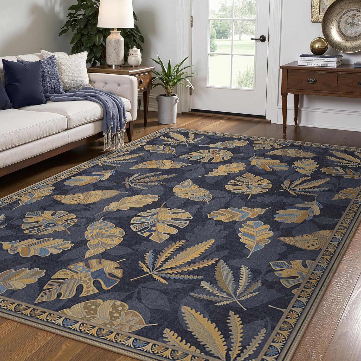 Tapis de cuisine antidérapant bleu floral lavable 120x180cm anti-glisse