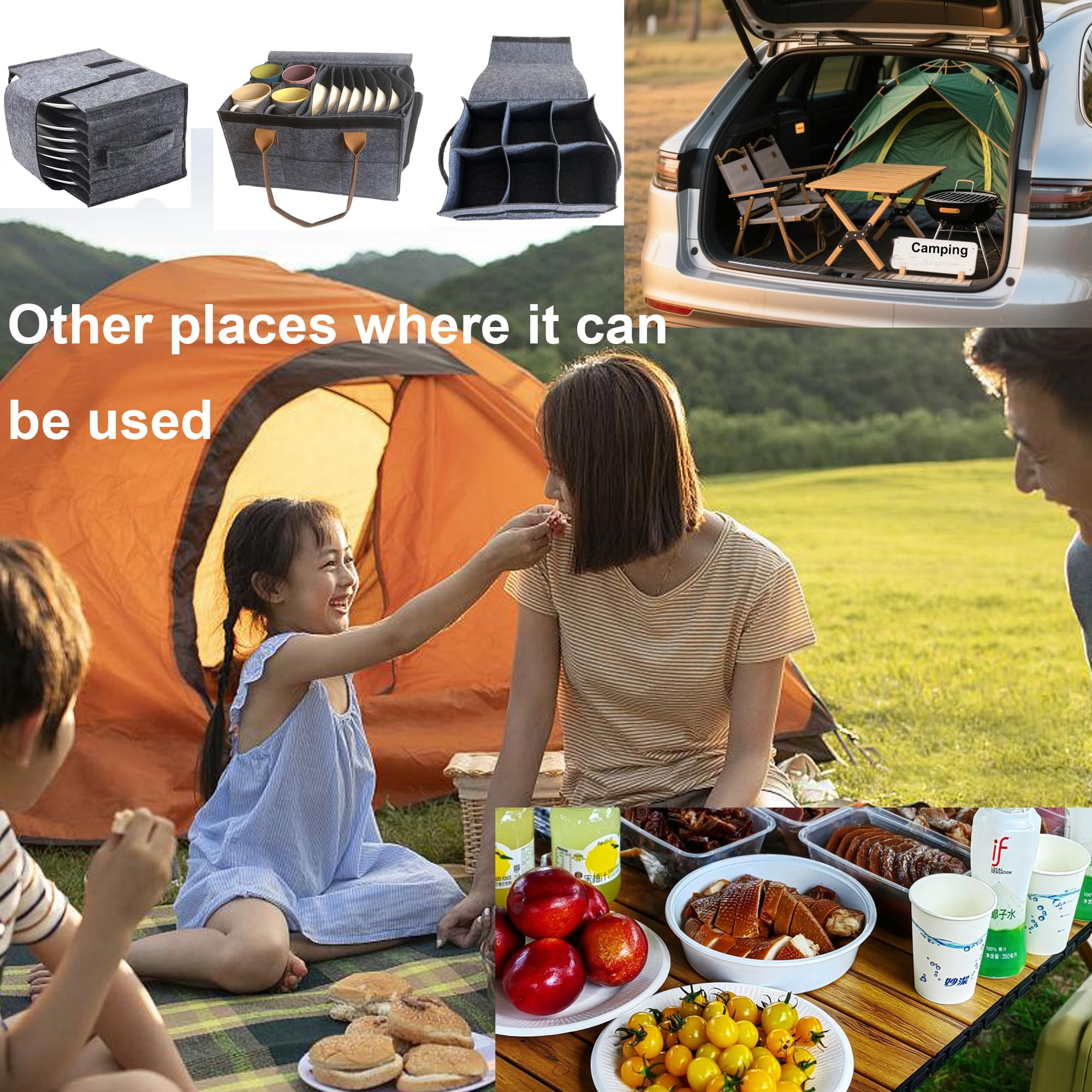 Genérico Organizador Vajilla Camping para Autocaravana,Caja Platos Camping con 8 Compartimentos y Separadores,Bolsa Vajilla Camper de Fieltro con Soporte para 4 Tazas,con 10 Tiras de Fijación(PC)