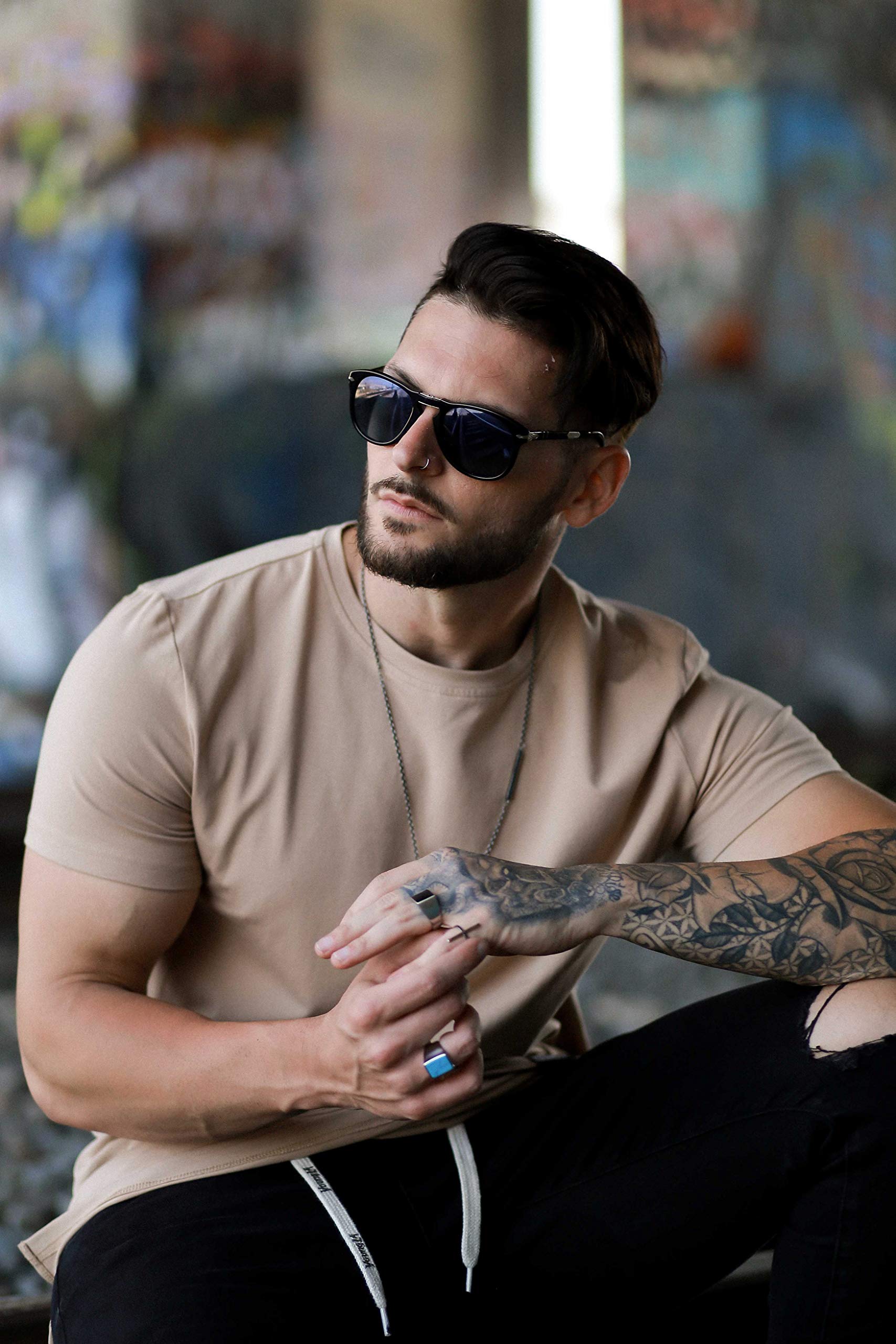 YoungLA Mens Minimalist Fitted T-Shirts | Long Drop Cut Tee | Workout Gym 411 Khaki XL