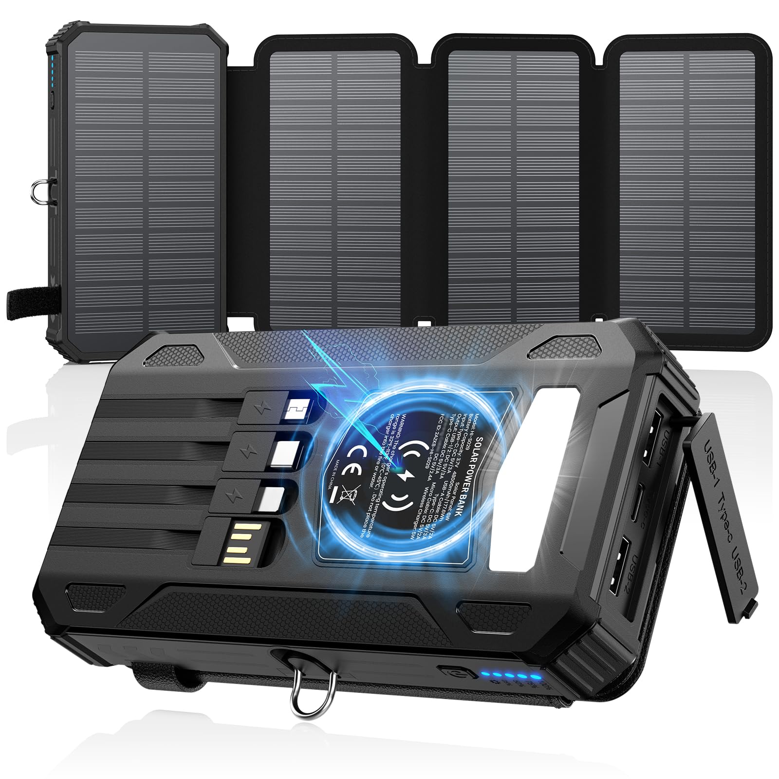 SOARAISE Solar Charger Power Bank 48000mAh PD QC 3.0 Fast Charging Wireless Portable Charger with 4 Solar Panels and 4 Cables, USB C Battery Pack...