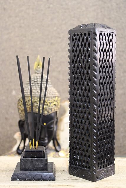 KC KULLICRAFT Handmade Marble Black Soapstone Incense Stick Burner | Candle Stick Holder | Tea Light Stand - Perfect Jaali Carving For Gifting. Decorative Home and Kitchen Decor (3 x 3 x 11 Inches).