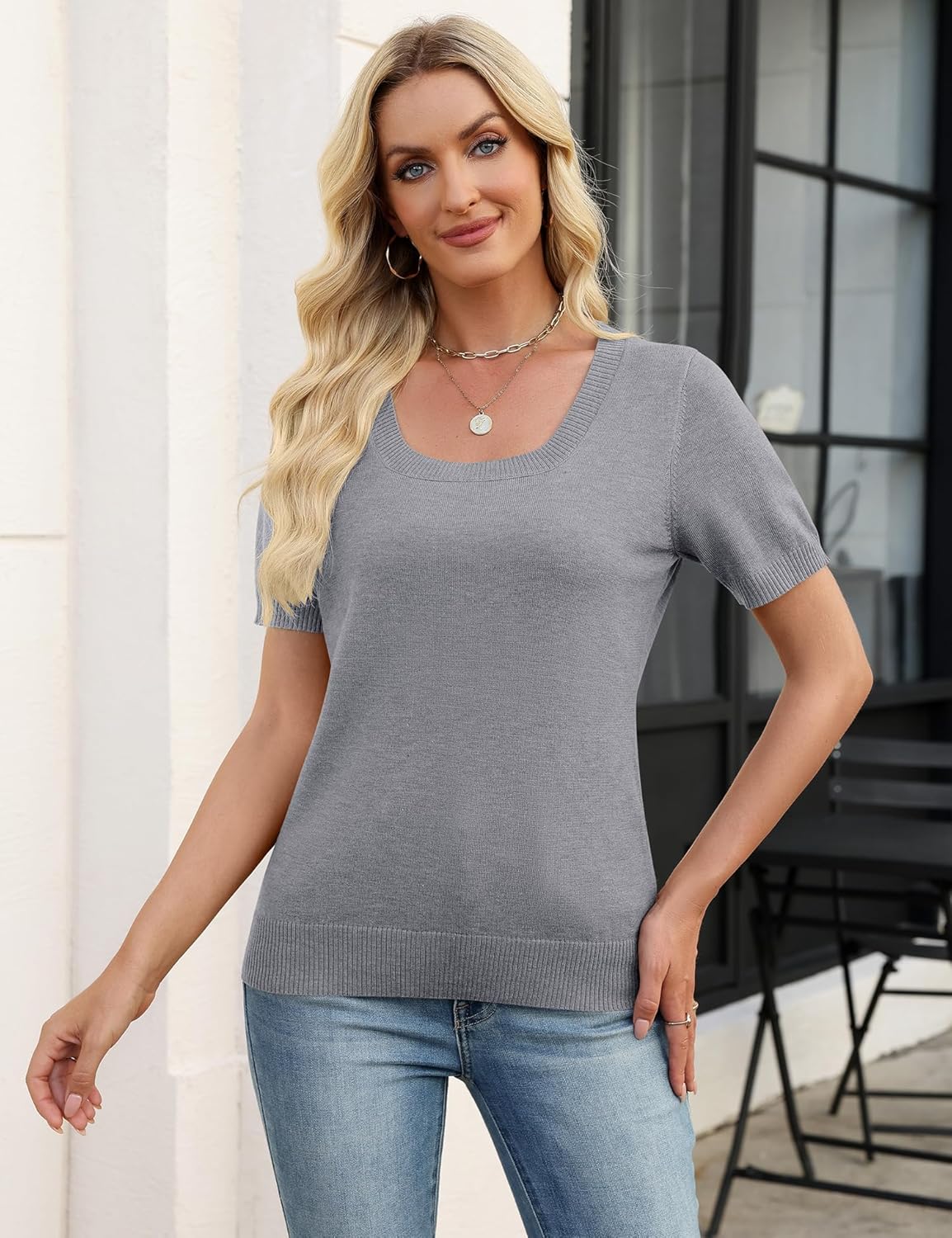 LOMON Womens Short Sleeve Sweater Spring Square Neck Knit Tops Summer Fahshion Business Casual Tops - Image 2