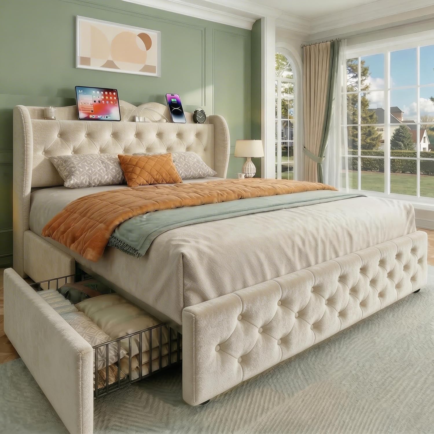 BedsPick Queen Bed Frame with 4 Storage Drawers and 48" Wingback Headboard, Upholstered Platform Bed Frame with Buttons Tufted and Charging Station, Wood Slats/No Box Spring Needed/Noise Free, Beige