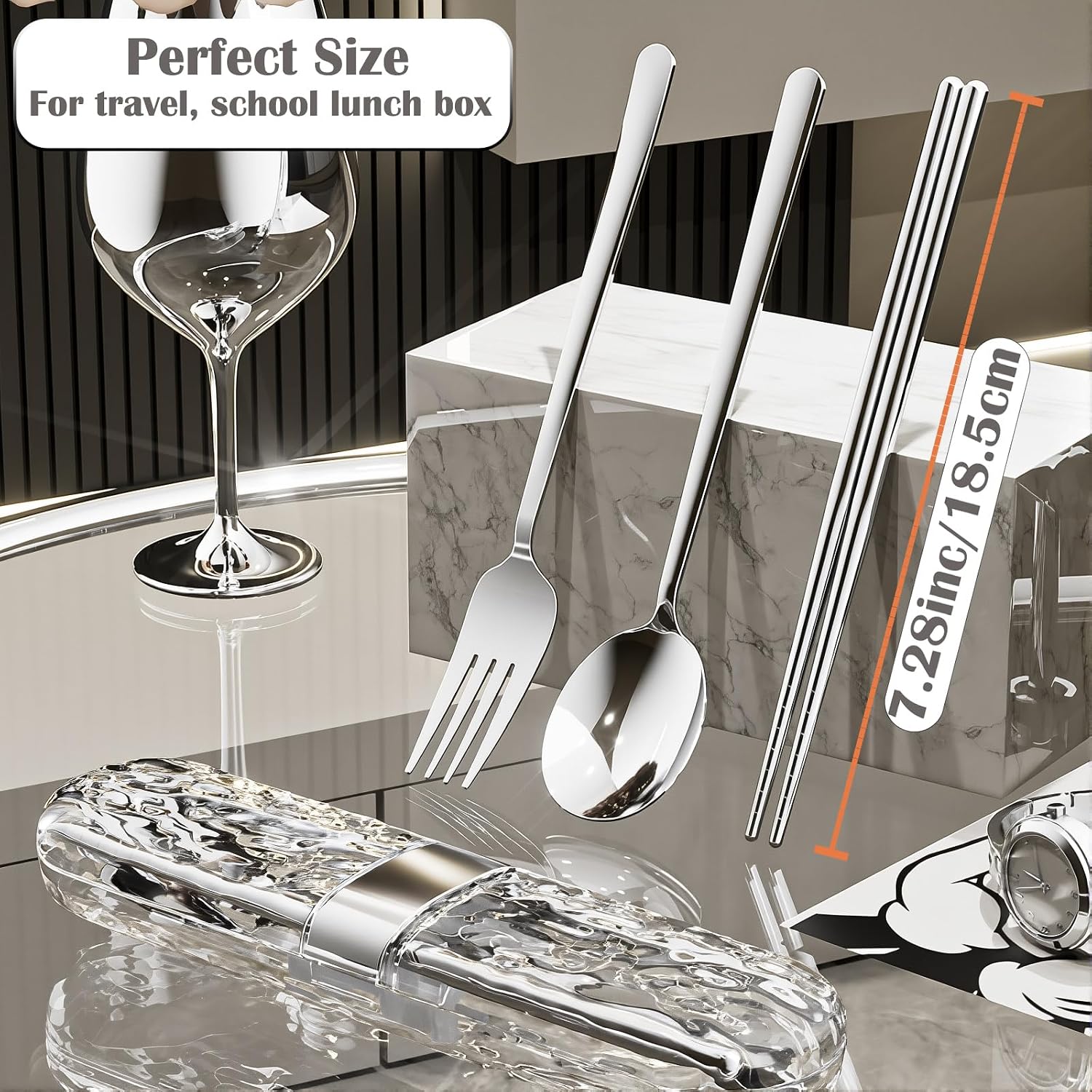 Travel Utensils Set,Silverware set with case Fork Spoon Chopstick SUS304 | Portable Reusable Flatware,18/8 Stainless Steel,3 Piece,7.32inc
