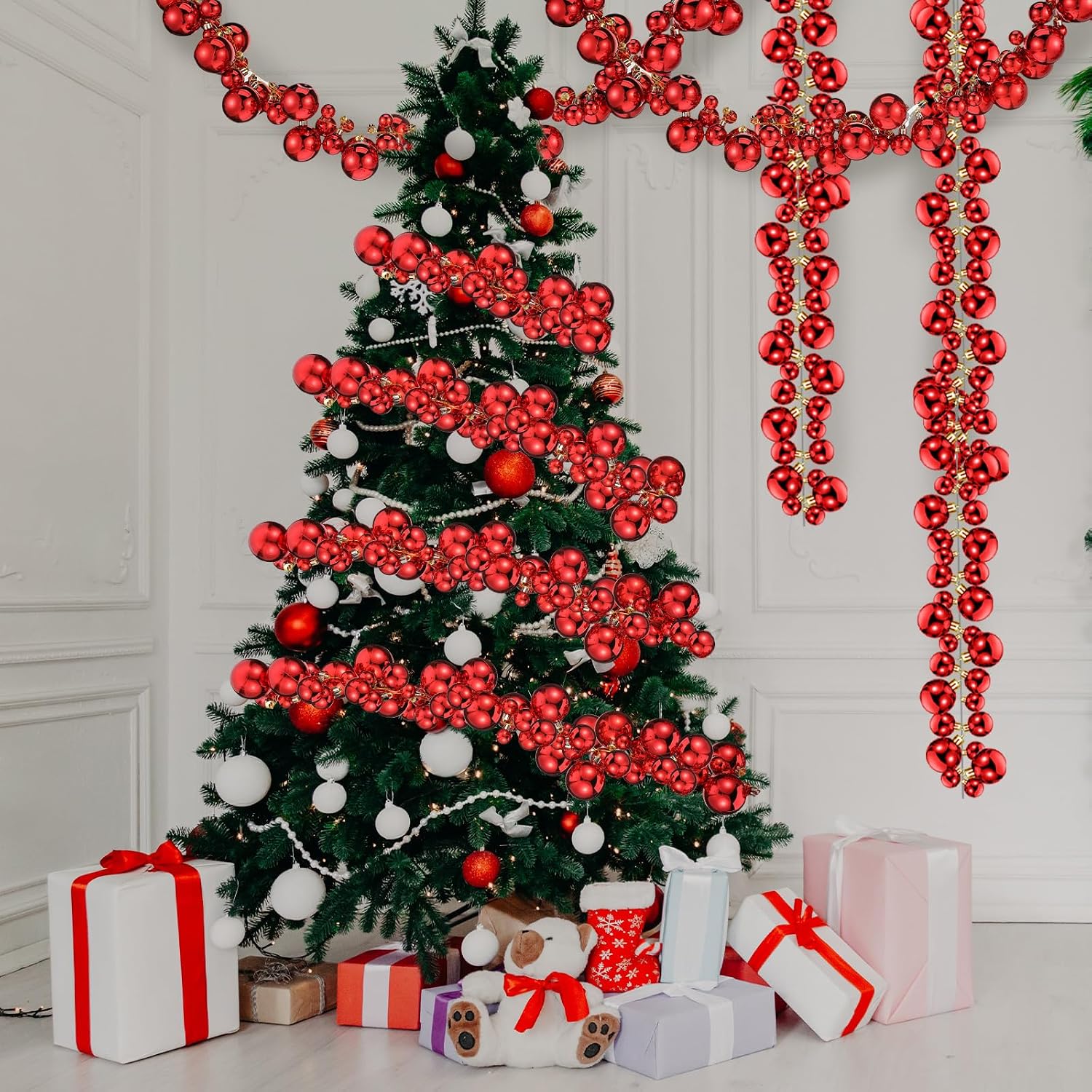 Geetery 29.5 Ft/350 Christmas Ball Garland Ball Ornament 3 Size Combo Christmas Bauble Garland Xmas Tree Bulb Decorations for Xmas Fireplace Party Indoor Outdoor Home Office Large Areas(Red)