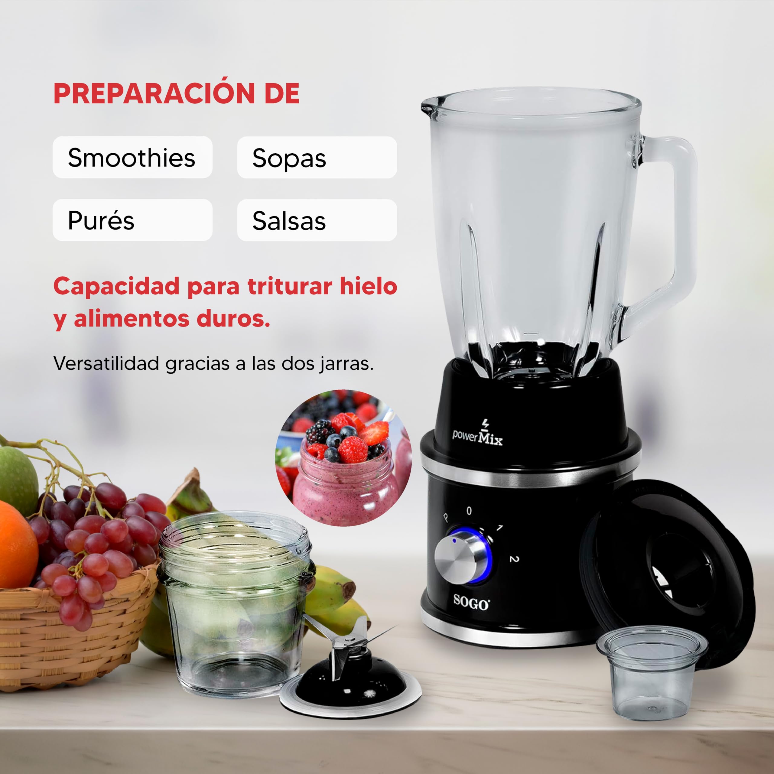 Sogo Blender stołowy, blender do soków, smoothies - maszyna do smoothies maker, rozdrabniacz do żywności ze szklanymi dzbankami 1,5 i 0,3 litra, 2 ostrza, 1300 W, czarny (SS-5545)