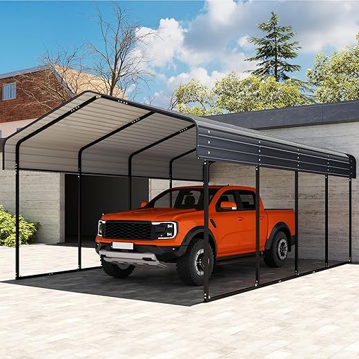 12x20 FT Metal Carport with Reinforced Base, Outdoor Heavy Duty Garage Car Shelter with Galvanized Steel Frame for Pickup, Boat, Car and Tractors, Party, Dark Gray