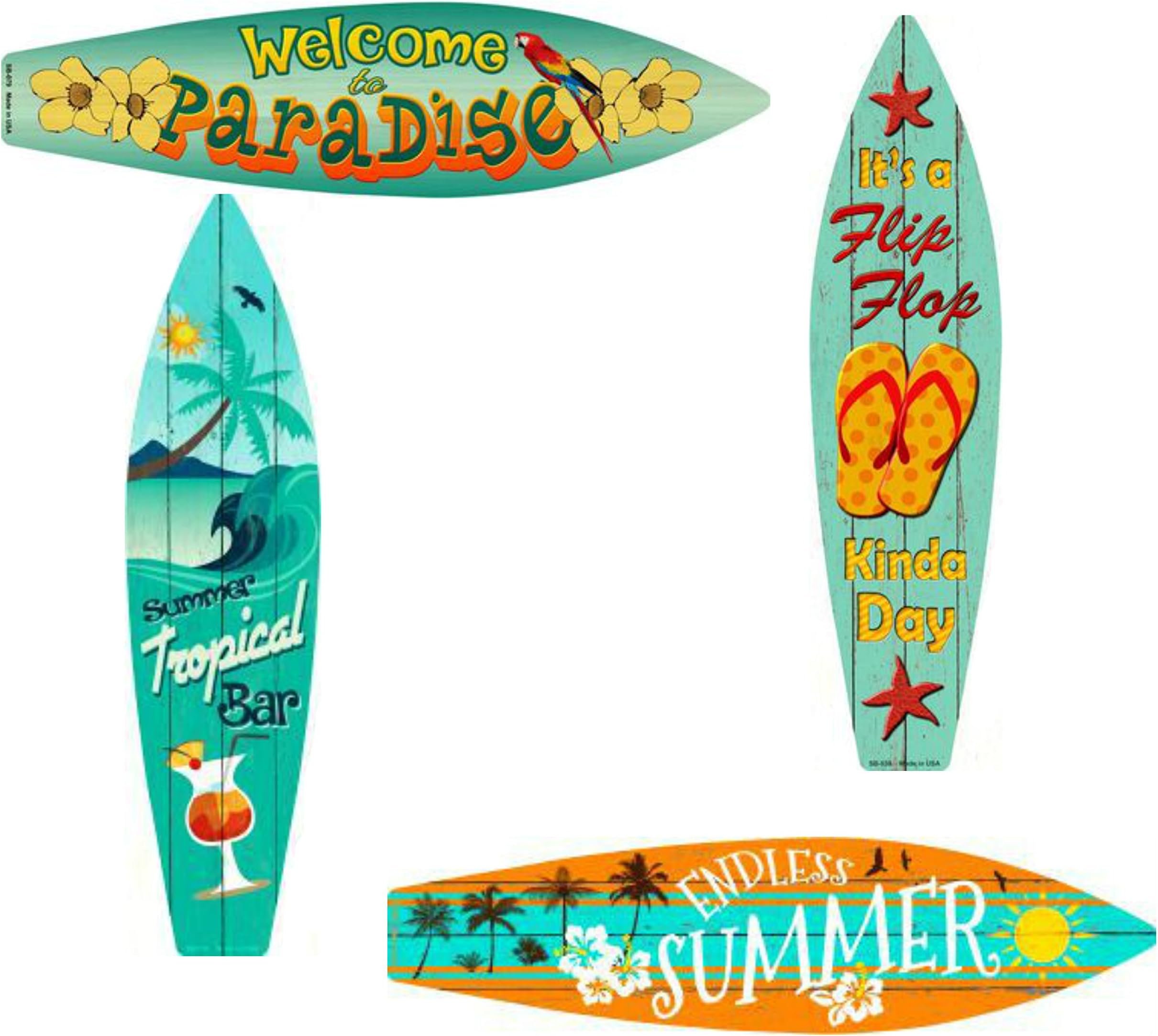 Bundle: Home Decor Metal Surfboard Beach Signs - Welcome To Paradise Sign, Endless Summer Sign, Tropical Bar Sign and Flip Flop Sign