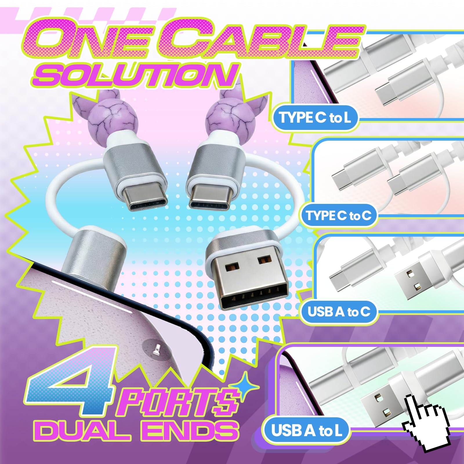 Perłowy kabel do ładowania 4 w 1, pięknie zapakowany, 60 W, certyfikat MFi, ładny, kolorowy kabel, kompatybilny z iPhone, iPad, AirPods, Galaxy i nie tylko (żyła