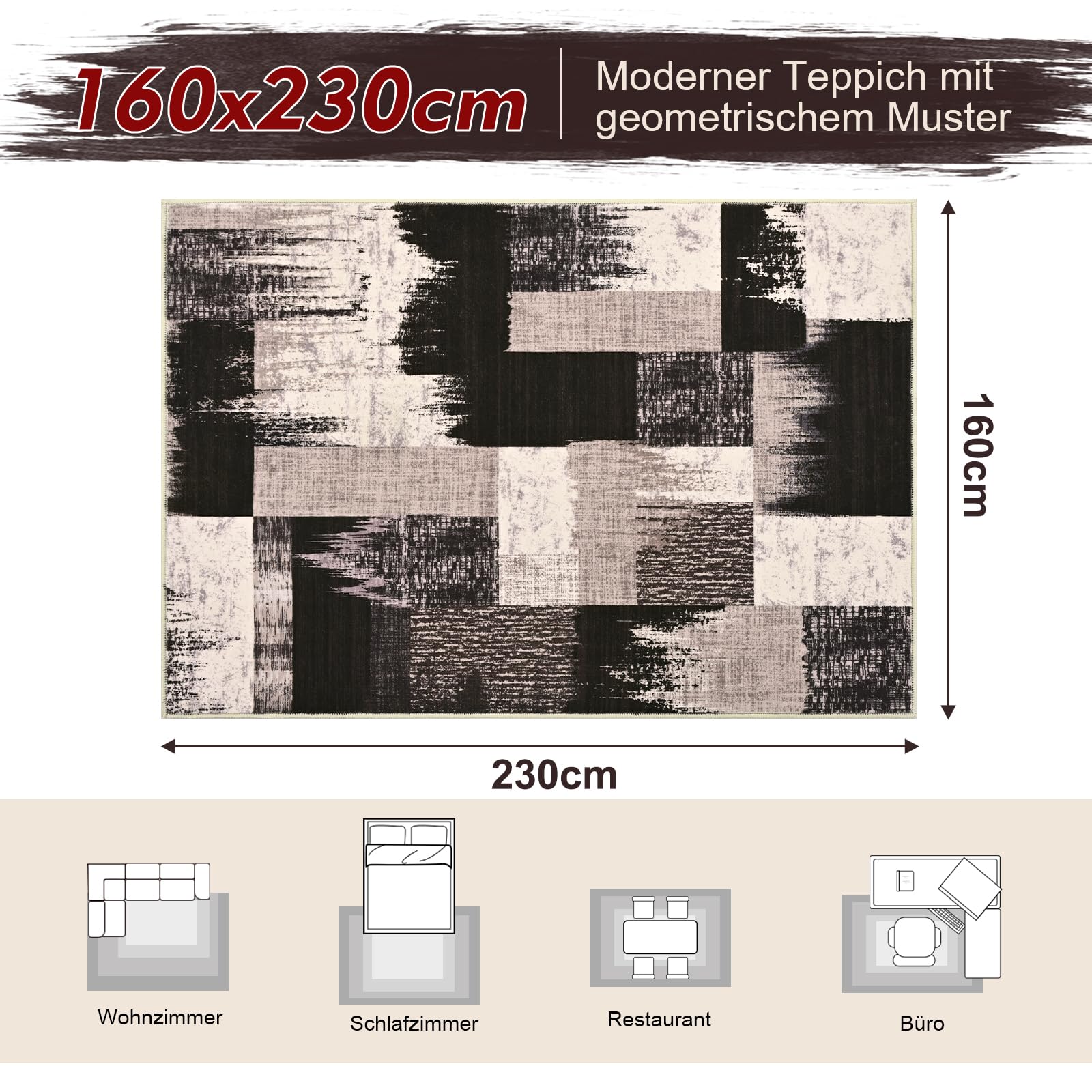 Alishomtll Teppich Schwarz Braun 160x230 cm, Modern Geometrisch Teppich