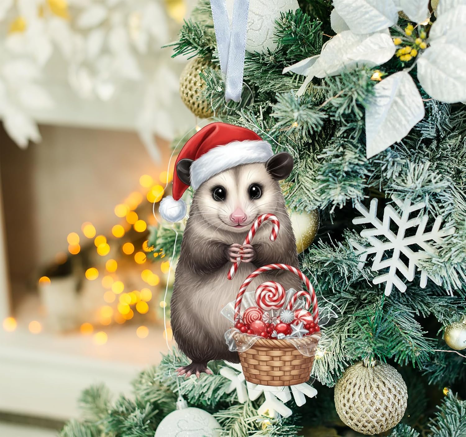 Opossum with Candy Cane Ornament - Shape Acrylic Decor - Cute Animal Ornament - Gift for Possum Lover - Xmas Tree Hanging Decor - Image 4