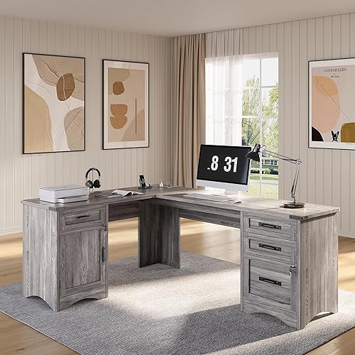 Vista 7 de Escritorio ejecutivo de granja en forma de L con cajones, escritorios de oficina en casa de 67 pulgadas con estación de carga rápida, archivador
