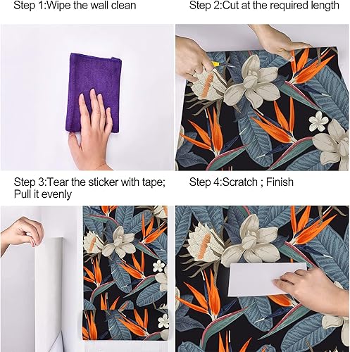 Miniatura 4 de UniGoos Papel tapiz floral blanco para despegar y pegar, fondo negro, papel de contacto con flor de palmera azul, vinilo autoadhesivo vintage, rollo