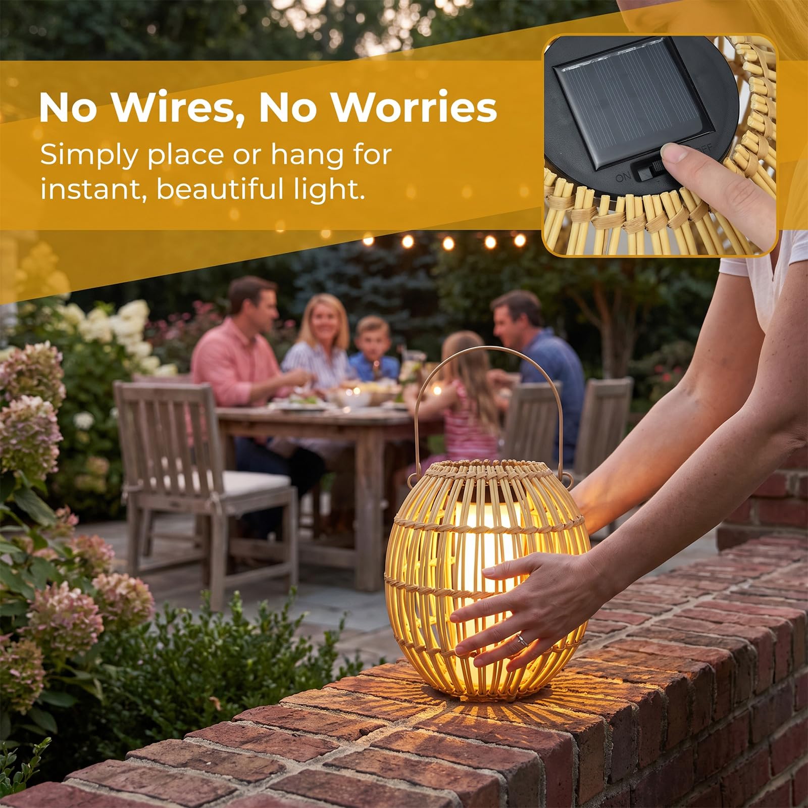 Lampes solaires d'extérieur en bambou tissé à suspendre pour l'extérieur, lanterne solaire à suspendre avec poignée en fer et chaîne en corde de chanvre, lampes solaires de jardin pour cour, balcon