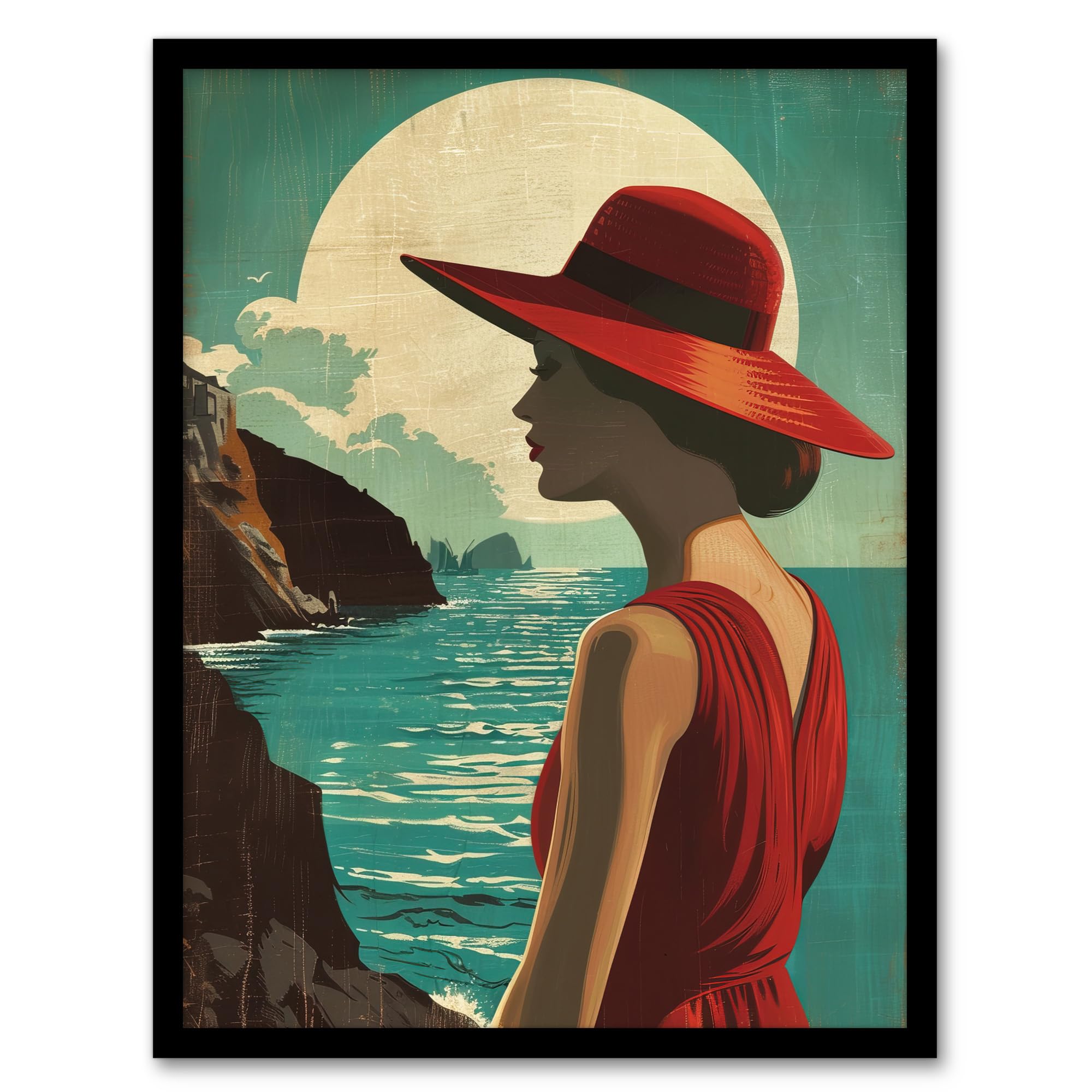 Artery8 Elegant Woman Italian Coast Travel Vintage Style Living Room Artwork Framed Wall Art Print A4