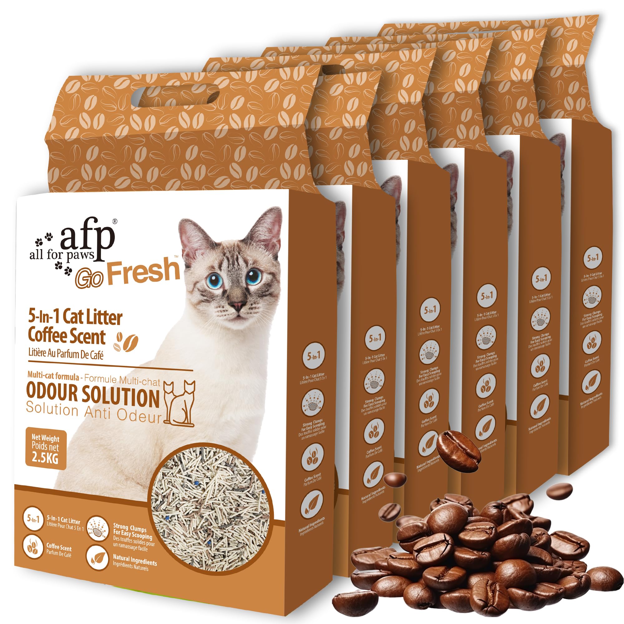 All For Paws コーヒー 猫砂 おから 固まる トイレに流せる 混ぜる 消臭 サンド 飛び散らない 天然素材 (【お得パック】6Lx6個)