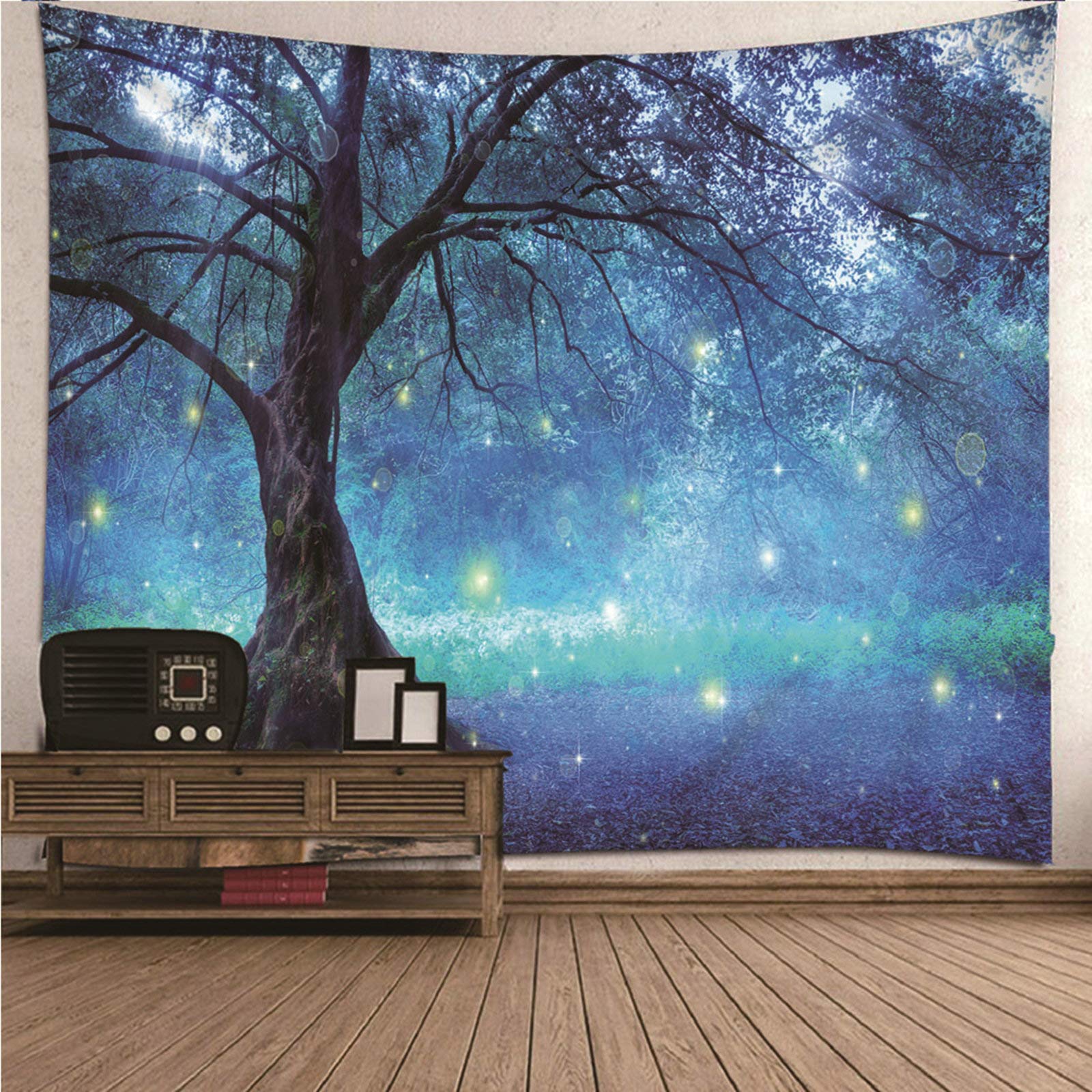 Tapiz de pared con árbol psicodélico azul y negro de 150x150cm para decorar tu salón