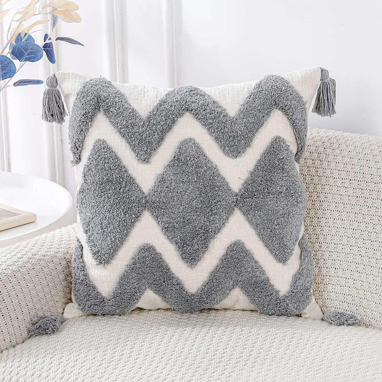 PANOD Boho Grey Tufted Throw Pillow Covers with Tassel 20x20 inch,Soft Cream Chenille Decorative Square Cushion Case Pillowcase for Couch Sofa Bedroom Living Room Farmhouse Outdoor