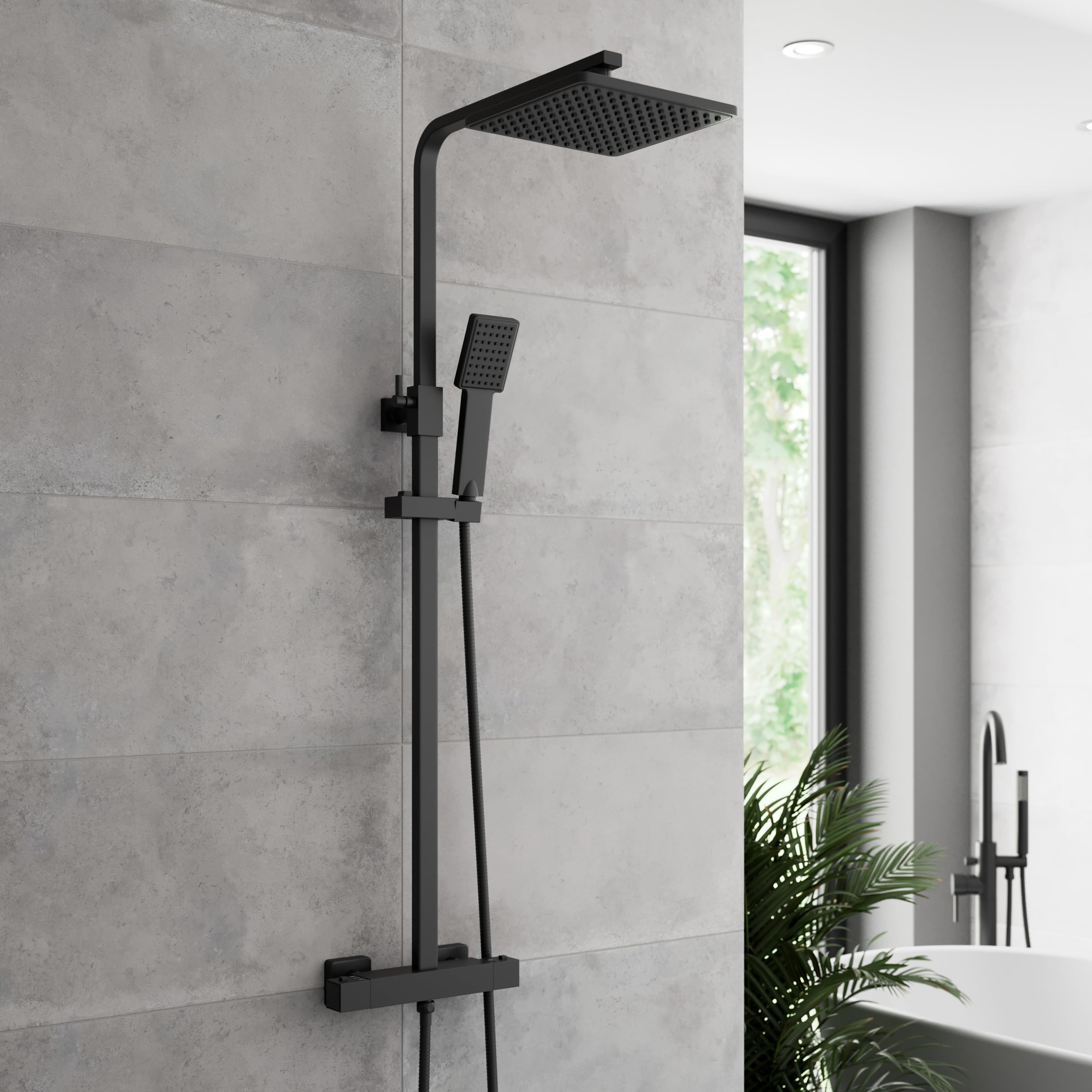 Baystone Black Baystone® Bathroom Thermostatic Mixer Shower Square Rainfall Drencher Head Handset Adjustable Riser Rail & Exposed Bar Valve Wall Mounted,