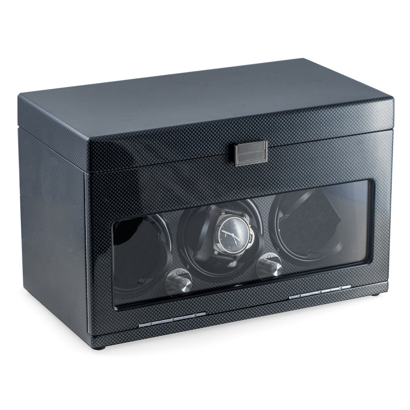 Bey-Berk BB681STL Lacquered Carbon Fiber Steel Gray 3 Winder with Multiple Pre-programed Settings and Storage for 12 Watches on Top, Grey