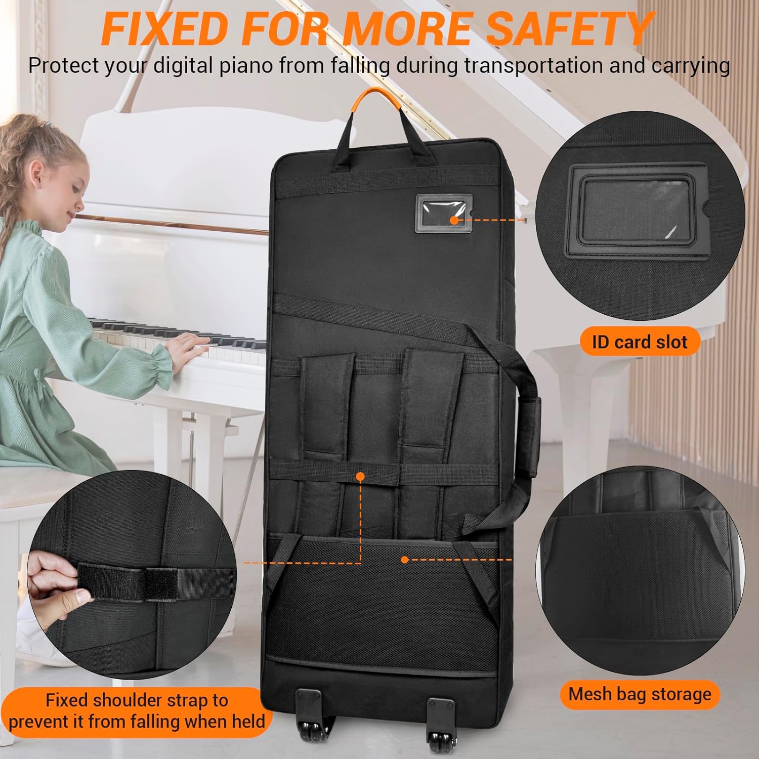 ORKELS 61-Key Keyboard Case with Wheels & Adjustable Shoulder Straps– Padded Rolling Gig Bag with 4 Accessory Pockets, for Digital Piano, Synthesizer & Keyboard